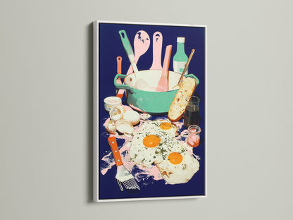 Breakfast Still Life artwork showcased in a white frame. The art includes eggs toast and kitchen items in pink green and blue tones. This foodie canvas print enhances kitchen and dining decor. Ideal for modern food art lovers seeking colorful art.