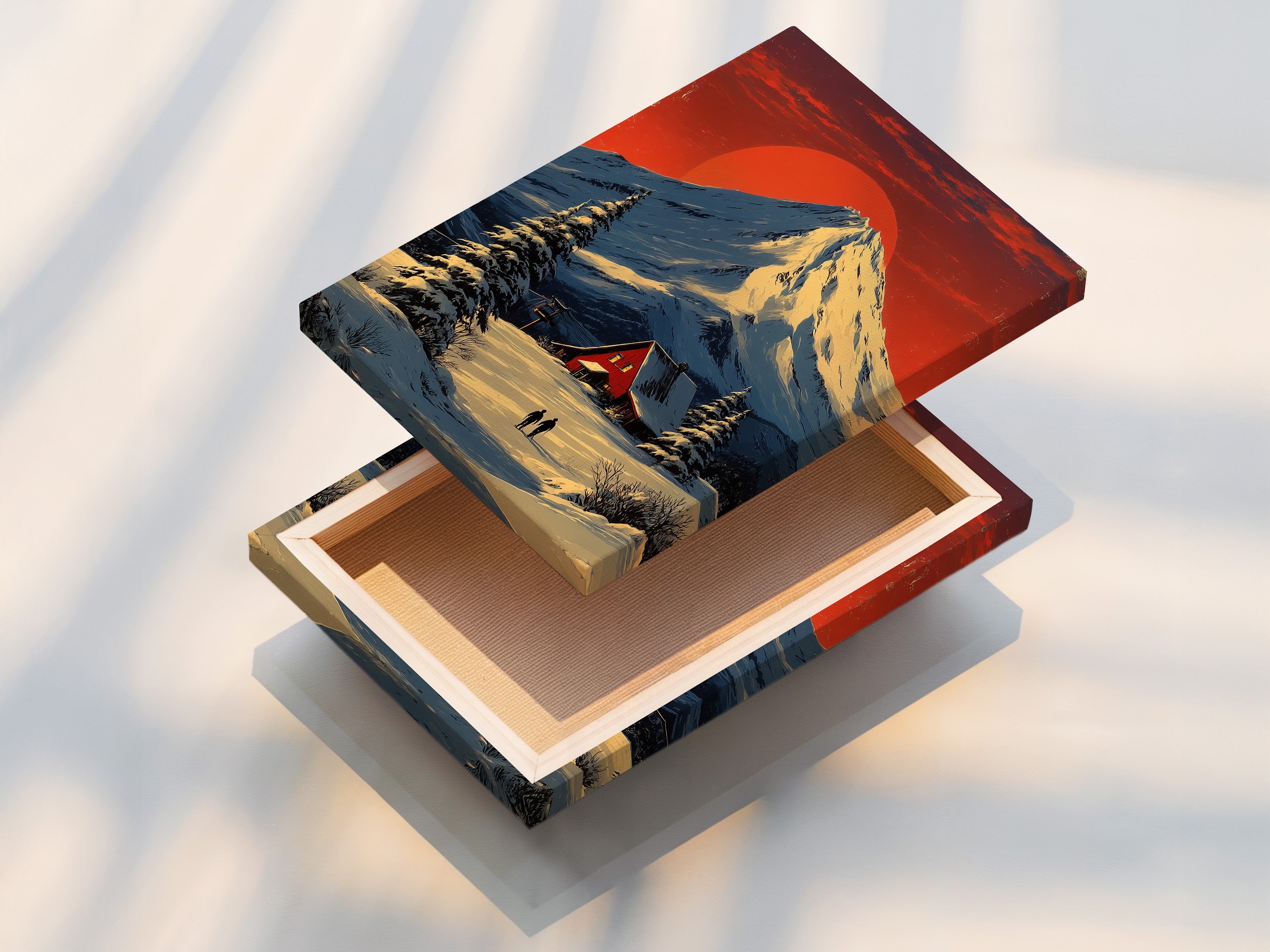 Stretched canvas print of a winter mountain landscape artwork with a snowy cabin. Perfect rustic home decor. The primary color is red and secondary color is white. It's great for living room decor.