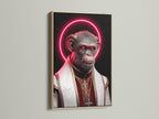 This is a framed 'Pope Monkey' art print. The oak frame enhances the religious artwork. The neon halo canvas adds a modern touch. Ideal for contemporary wall decor in living rooms or offices. This surreal piece blends satire and style.