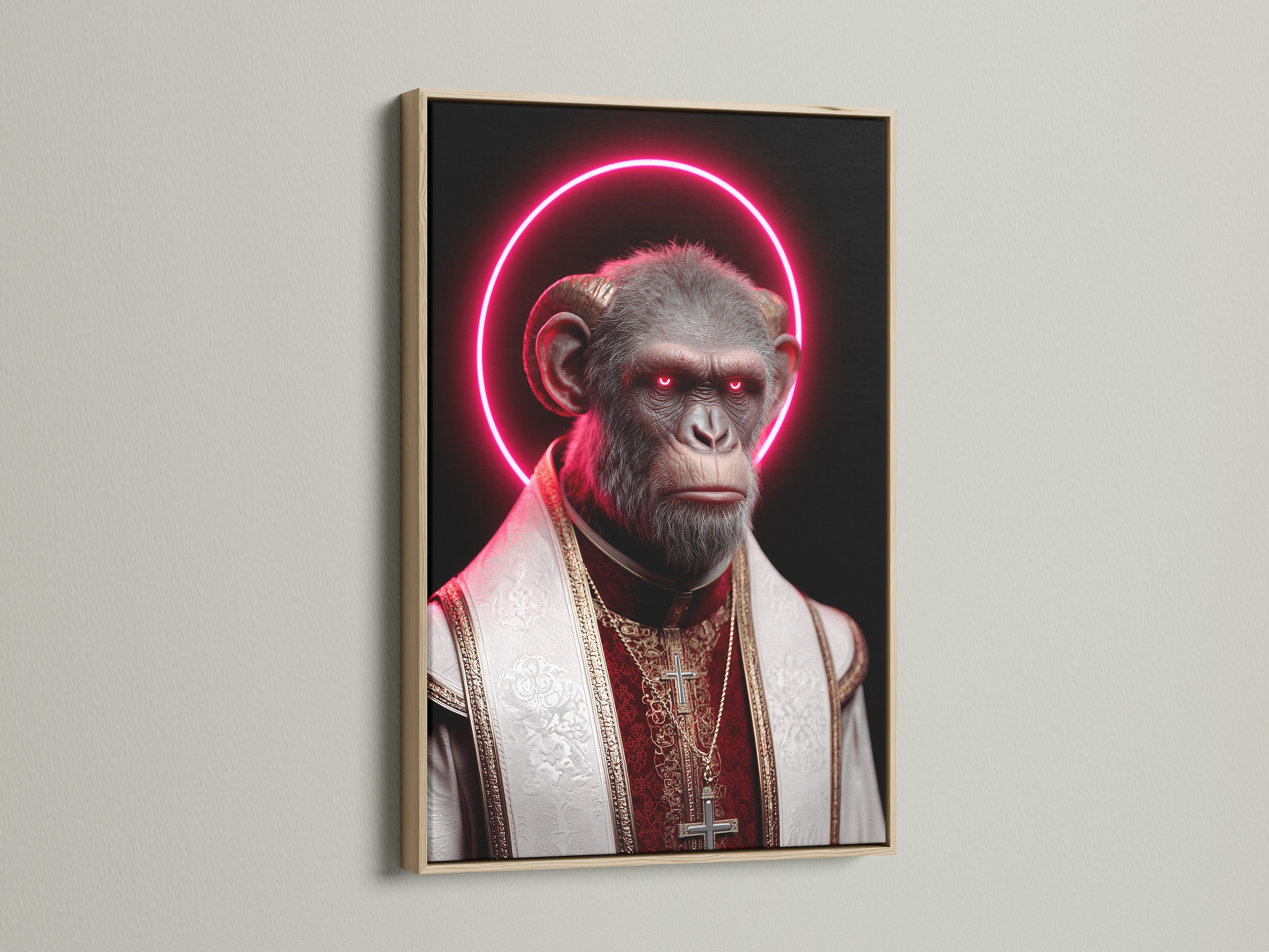This is a framed 'Pope Monkey' art print. The oak frame enhances the religious artwork. The neon halo canvas adds a modern touch. Ideal for contemporary wall decor in living rooms or offices. This surreal piece blends satire and style.