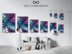 A size comparison chart displayed in an interior setting. It illustrates the available sizes for abstract fluid art prints. This chart helps visualize how the artwork will fit in your space. Choose the perfect size for your wall decor needs. Sizes range from small to extra-large.