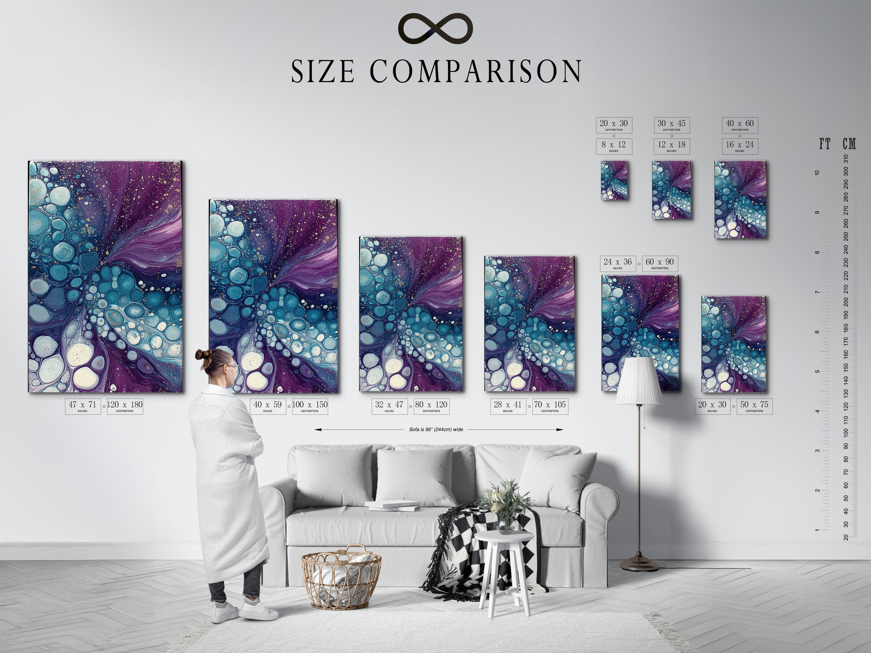 A size comparison chart displayed in an interior setting. It illustrates the available sizes for abstract fluid art prints. This chart helps visualize how the artwork will fit in your space. Choose the perfect size for your wall decor needs. Sizes range from small to extra-large.