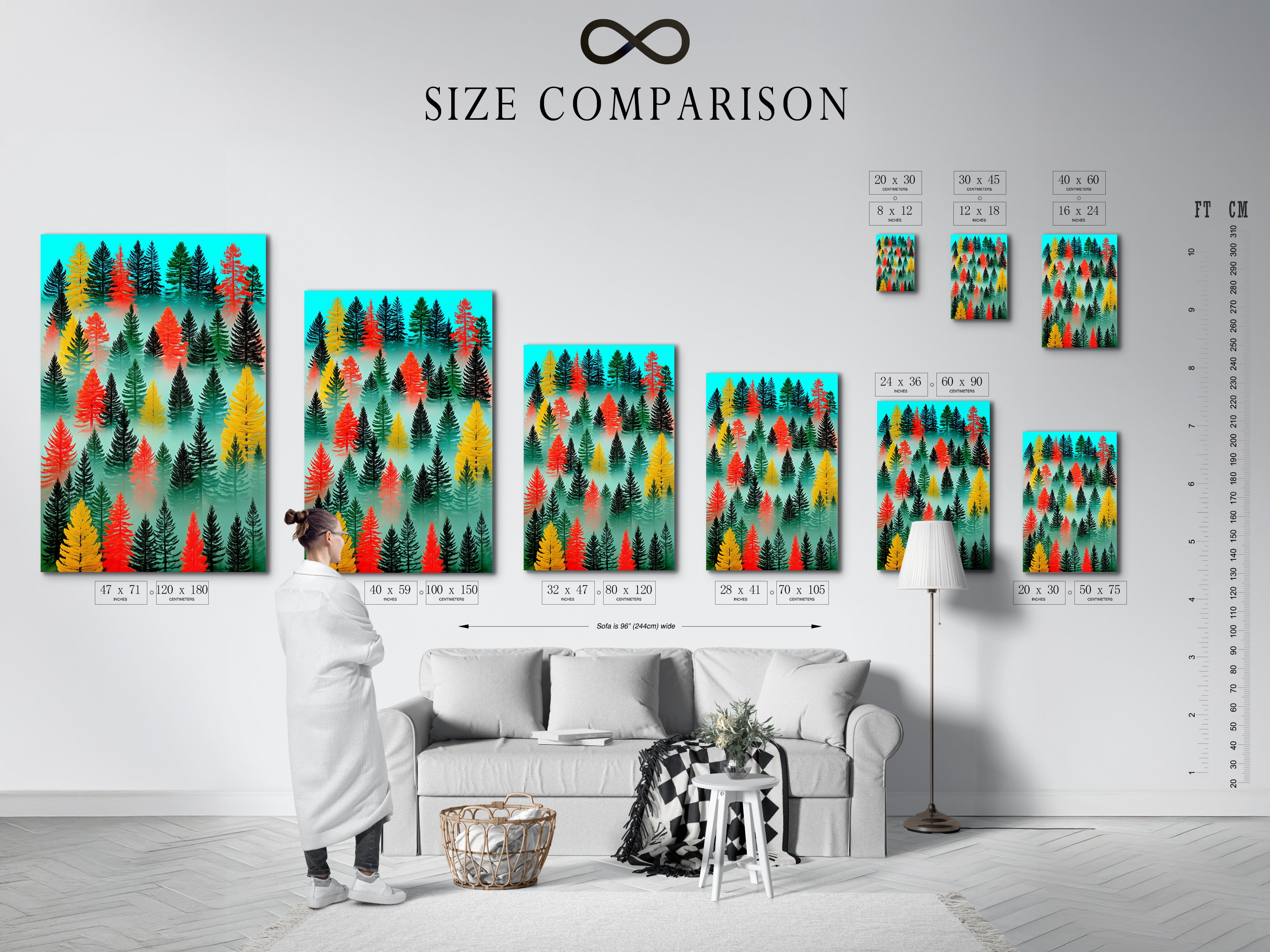 This size comparison chart helps you visualize the artwork. See how different sizes fit in an interior setting. Choose the perfect size to complement your space. This chart makes it easy to select the right art for your needs. Find the ideal dimensions for your wall decor.