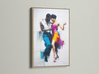 An oak frame art piece is displayed. The artwork shows a dancing couple. The oak frame provides a natural. It has a sophisticated border. The art brings warmth to the setting. The colors are vibrant and expressive. The couple dances with grace. This piece can elevate any room's decor.