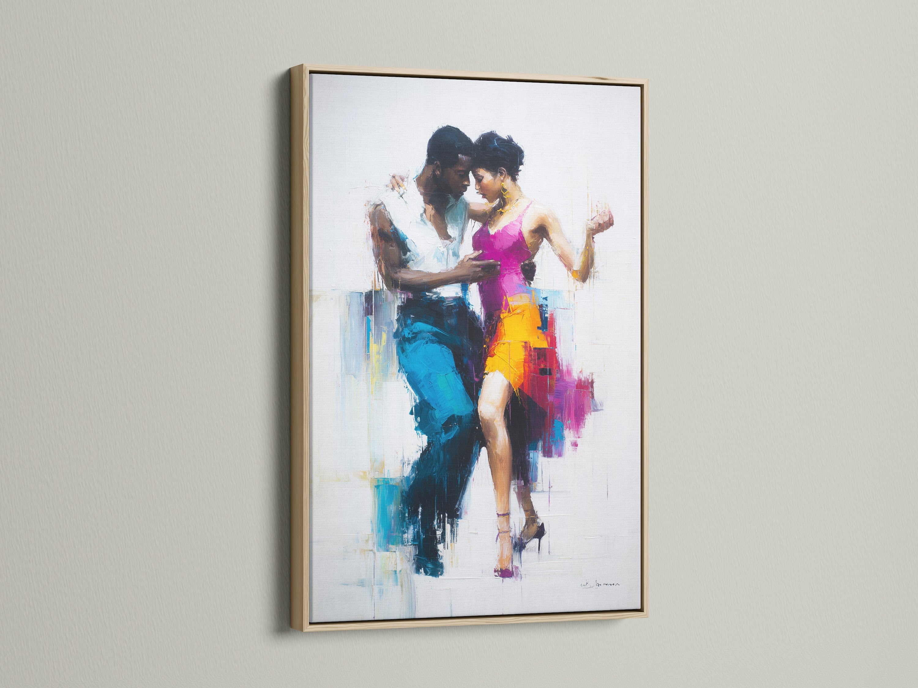 An oak frame art piece is displayed. The artwork shows a dancing couple. The oak frame provides a natural. It has a sophisticated border. The art brings warmth to the setting. The colors are vibrant and expressive. The couple dances with grace. This piece can elevate any room's decor.