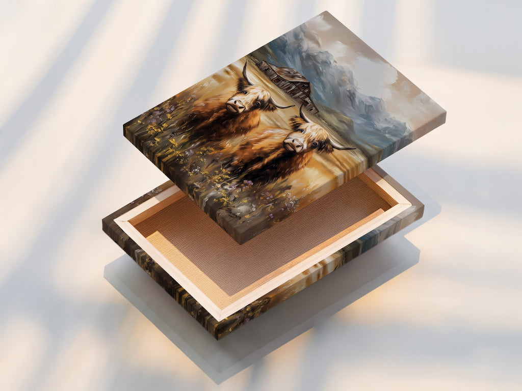 Stretched canvas print of a highland cow. Ready to hang and bring rustic countryside charm to your living space. Perfect for farmhouse wall art or country home decor.