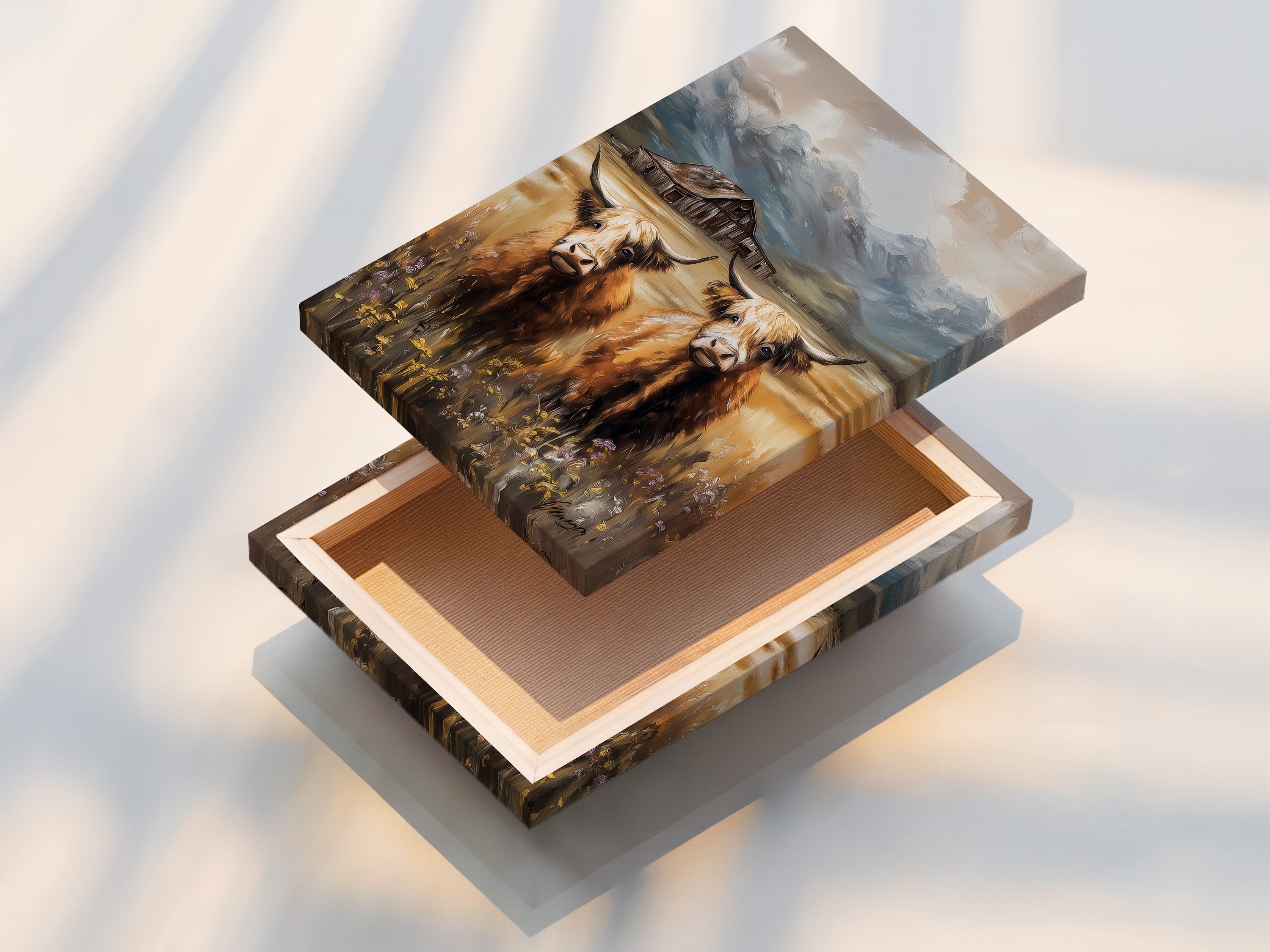 Stretched canvas print of a highland cow. Ready to hang and bring rustic countryside charm to your living space. Perfect for farmhouse wall art or country home decor.