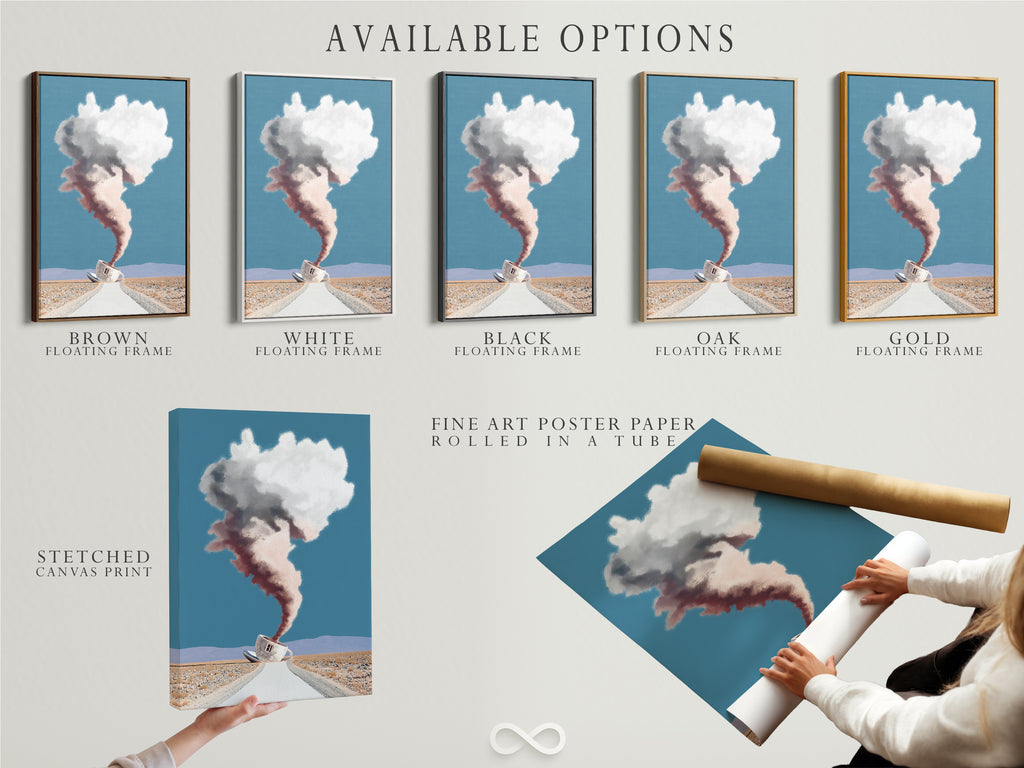 Available options for the surreal coffee cup artwork are displayed. Choose from a stretched canvas print fine art poster paper or a floating frame. The desert landscape and dreamy cloudscape make it unique wall decor. Perfect for modern spaces.
