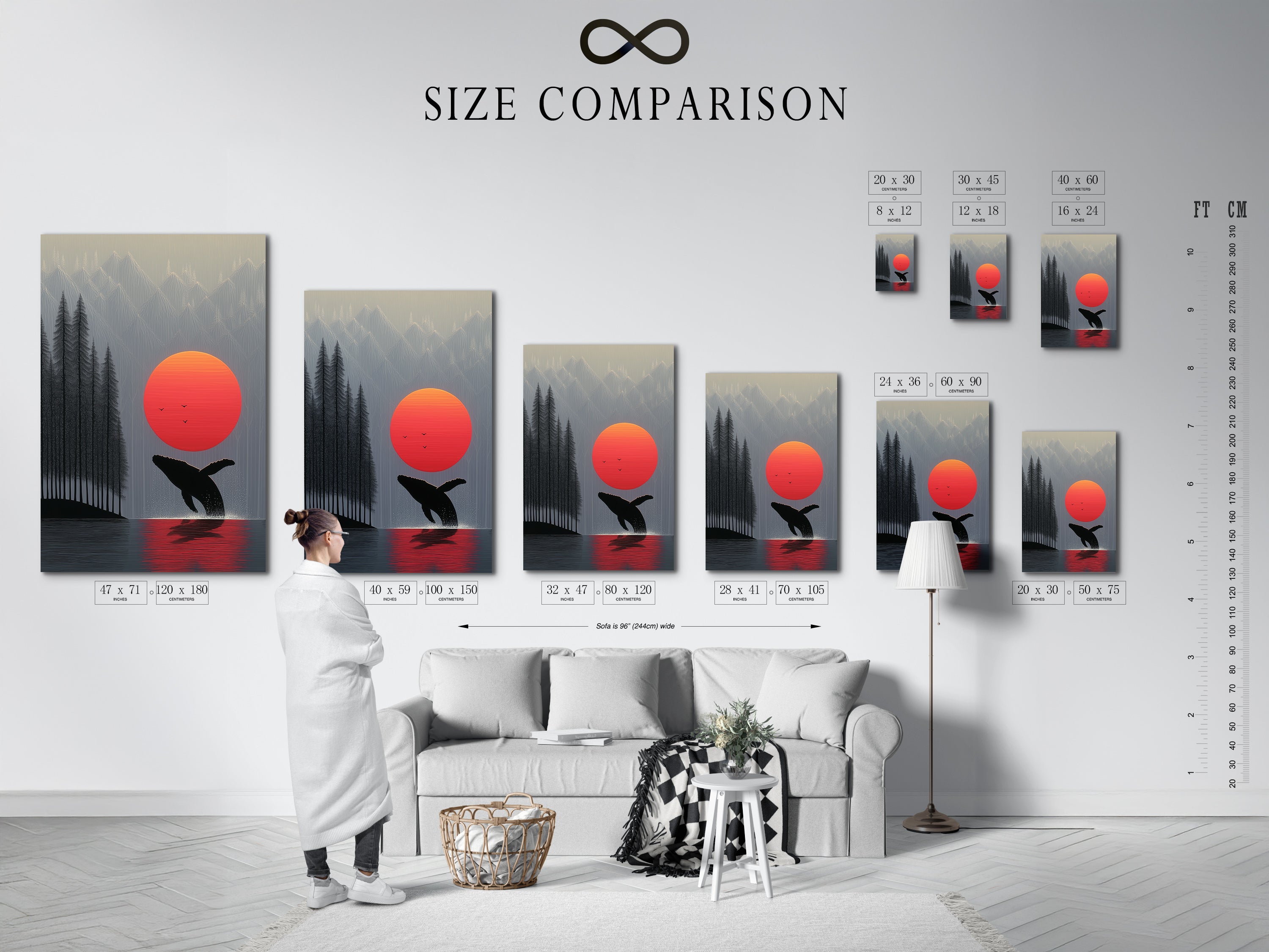 A size comparison chart is displayed in an interior setting. It shows the Whale Sunset artwork in various sizes. Find the perfect fit for your space with our ocean canvas and minimalist art options. Enhance your wall decor today with nature artwork.