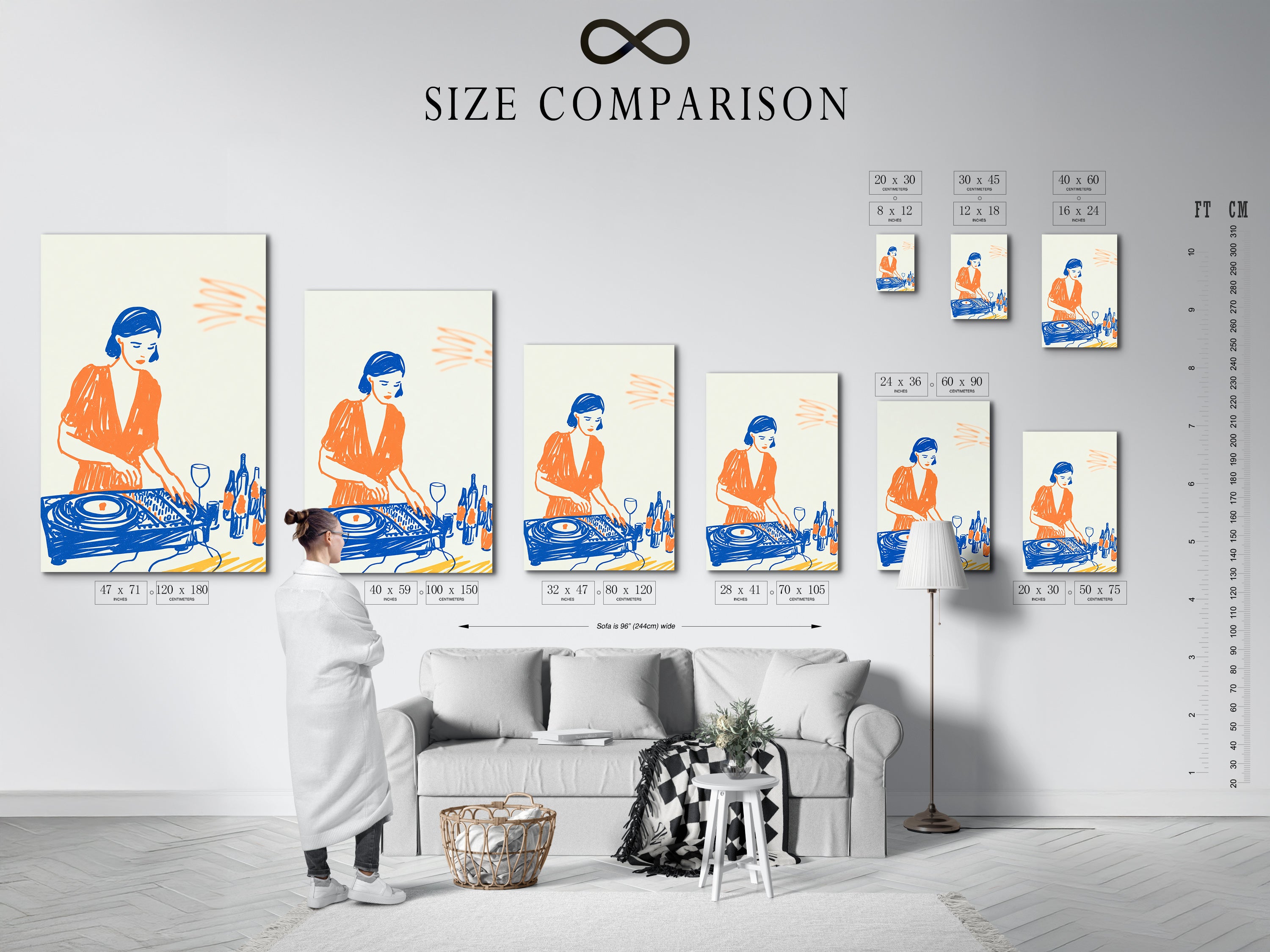 View our size comparison chart in an interior setting. This helps you visualize the perfect size for your wall art. Find the ideal fit for your studio wall decor or living room art. Choose the right size for your music canvas art.