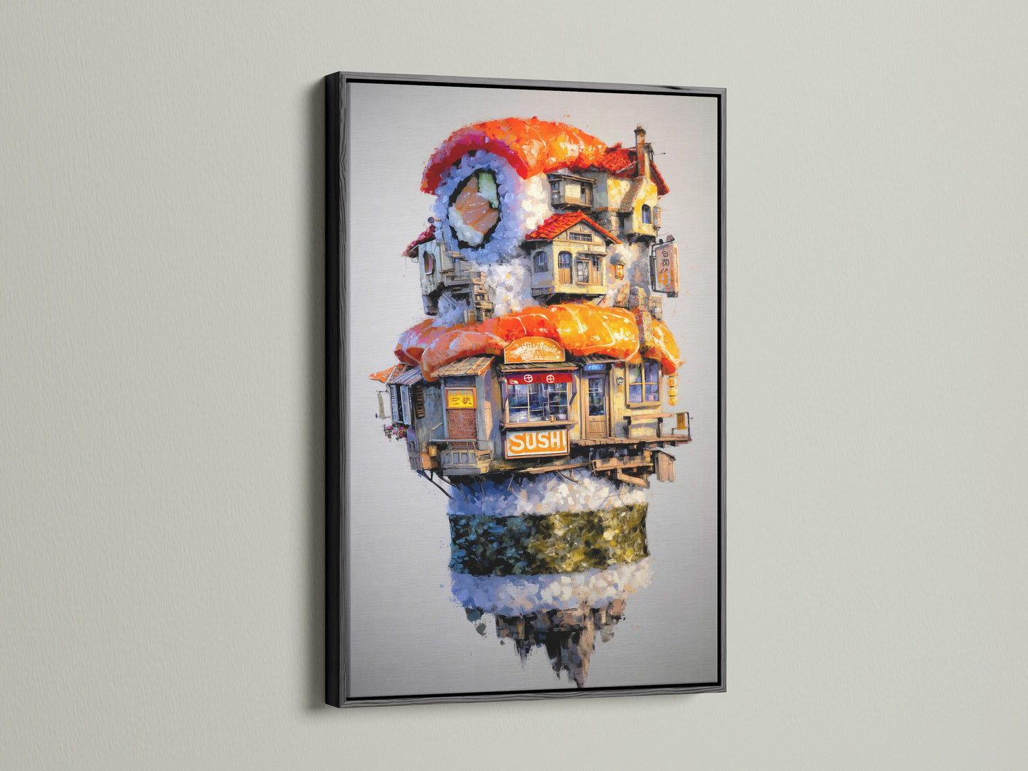 Black frame displaying a whimsical Japanese food artwork. The artwork adds a sophisticated touch to any space. Consider this unique wall artwork. It is a great choice for modern and Asian-inspired decor.