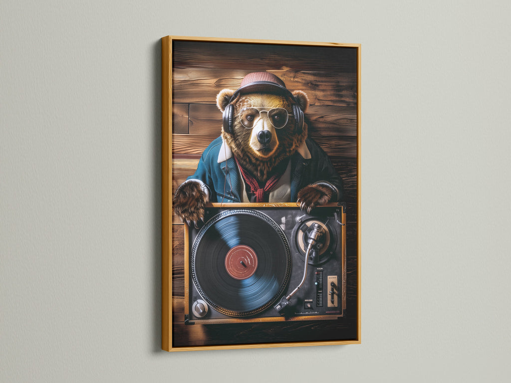 A gold frame highlights a bear DJ art print. The artwork features a bear wearing headphones and sunglasses. The bear is set against a wooden background. The gold frame adds a touch of luxury. Add a touch of musical charm to your space with this unique piece.