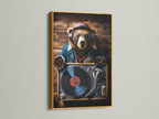 A gold frame highlights a bear DJ art print. The artwork features a bear wearing headphones and sunglasses. The bear is set against a wooden background. The gold frame adds a touch of luxury. Add a touch of musical charm to your space with this unique piece.