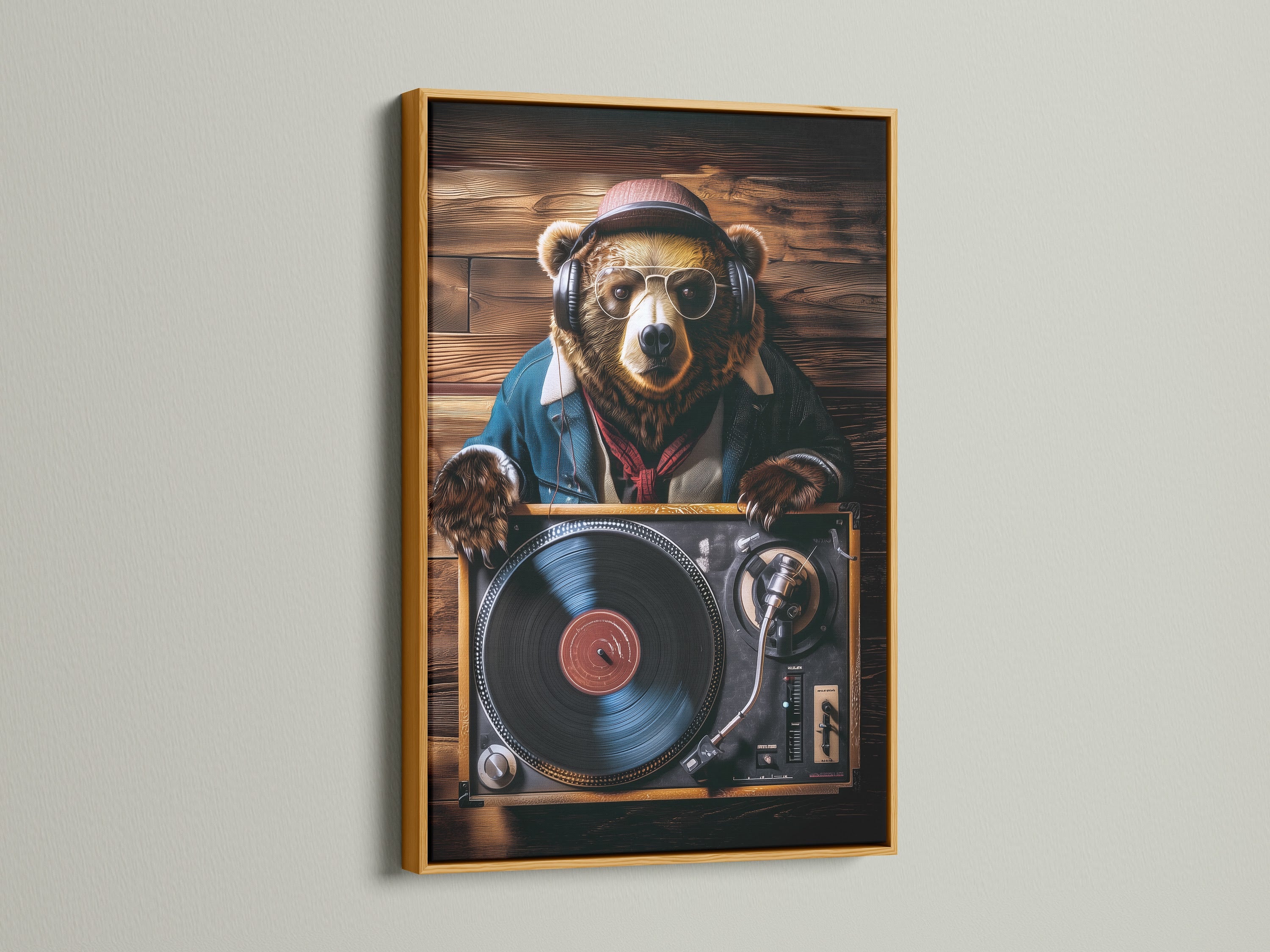A gold frame highlights a bear DJ art print. The artwork features a bear wearing headphones and sunglasses. The bear is set against a wooden background. The gold frame adds a touch of luxury. Add a touch of musical charm to your space with this unique piece.