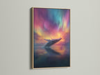 Artwork featuring a whale breaching under the northern lights. The art is displayed in an oak frame. This frame enhances the artwork's natural beauty. Ideal for nature lovers. It adds a sophisticated touch to any room.