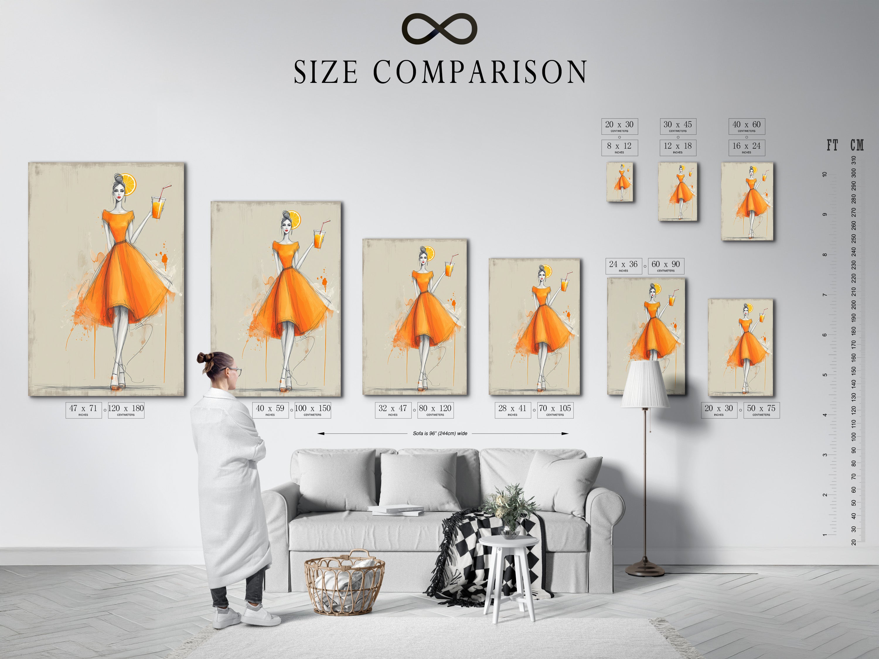 A size comparison chart is displayed in an interior setting. The chart shows the different sizes available. It helps you choose the perfect size for your space. Find the ideal fit for your fashion artwork.