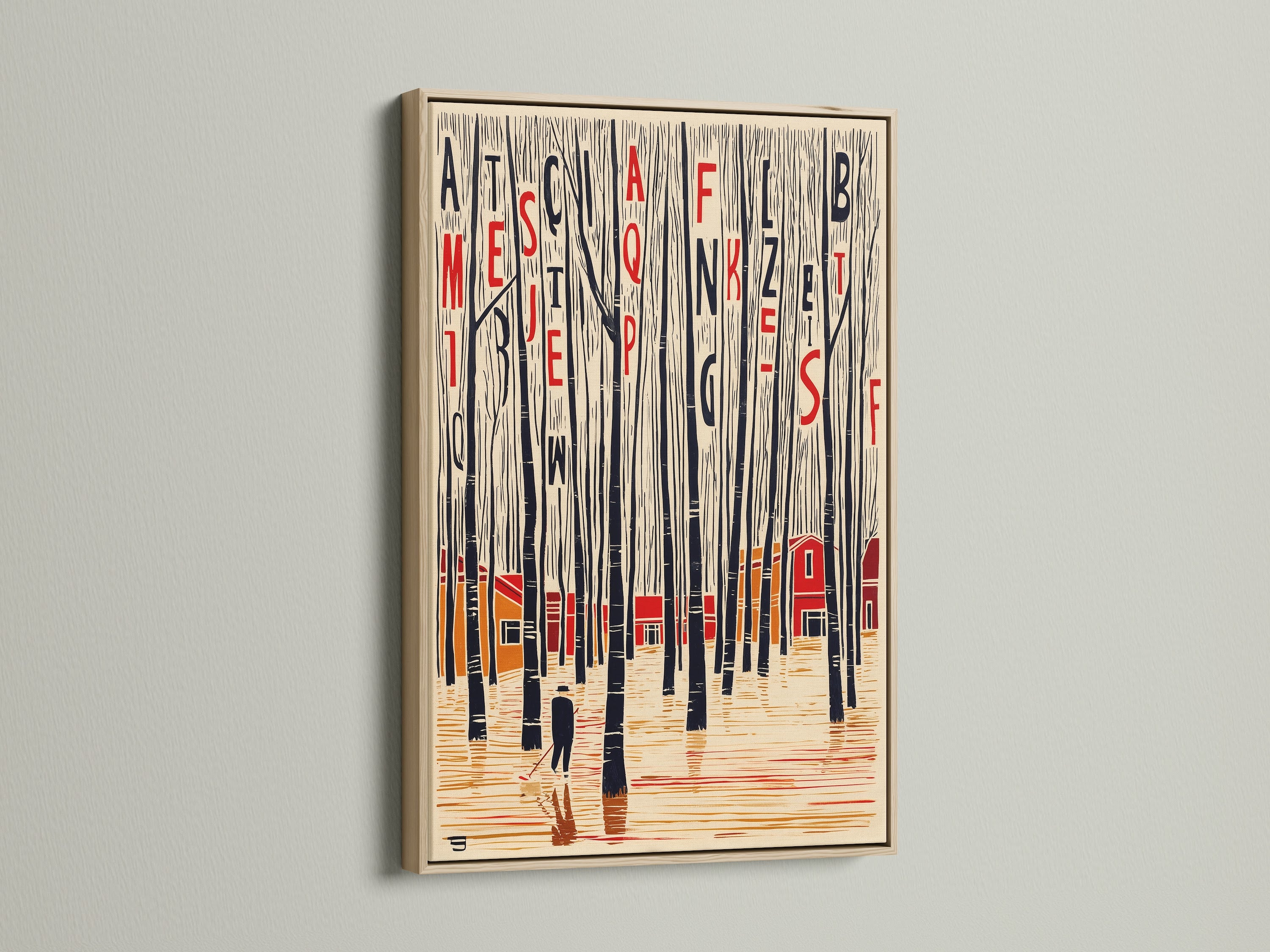 The typographic forest art print is showcased in an oak frame. This nordic decor complements modern spaces. It is perfect as woods print or letter art. The scandi print captures the essence of an abstract forest. The red cabin art adds a touch of warmth to your home office art.