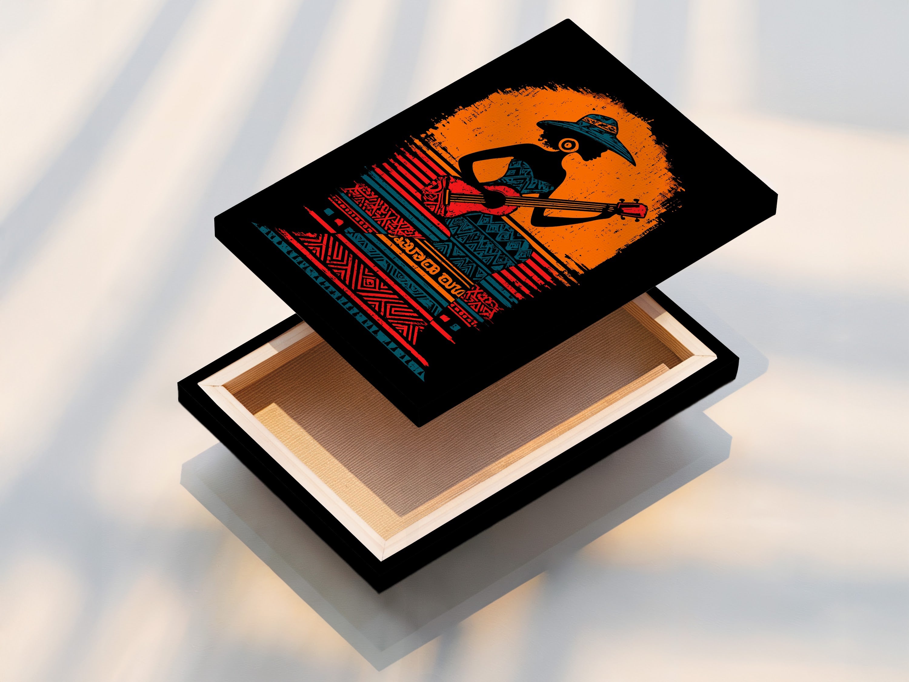 Afrikaanse vrouw gitaarspeler kunstprint - tribale muziekmuurkunst, bohemien decor, oranjezwarte poster, culturele muziekkunst