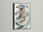 Black frame showcasing the cool alligator wall art. This tropical surf canvas print is funny animal art. The artwork is suitable for beach house decor and adds a quirky touch to a kids room enhancing the overall aesthetic.
