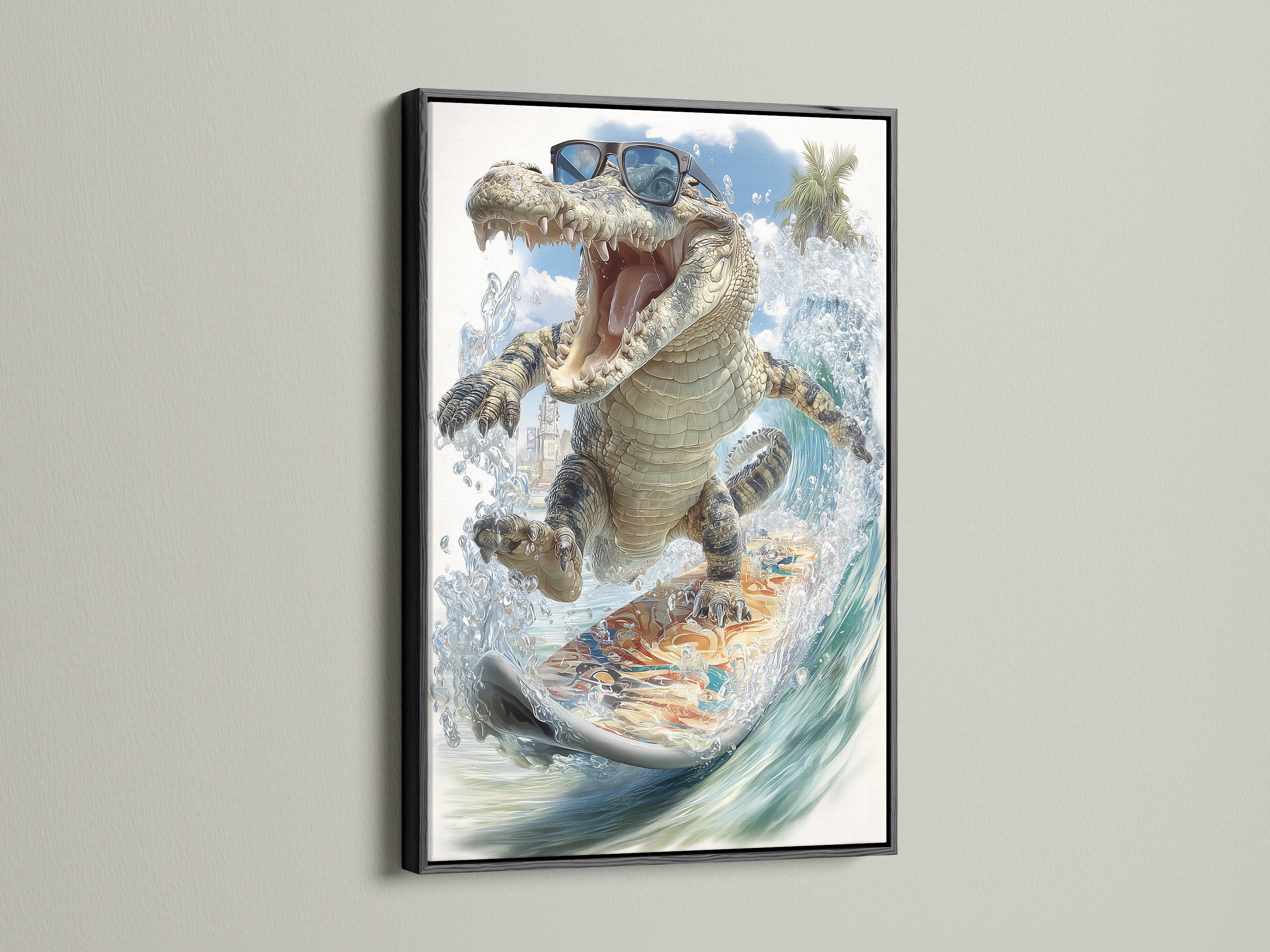 Black frame showcasing the cool alligator wall art. This tropical surf canvas print is funny animal art. The artwork is suitable for beach house decor and adds a quirky touch to a kids room enhancing the overall aesthetic.