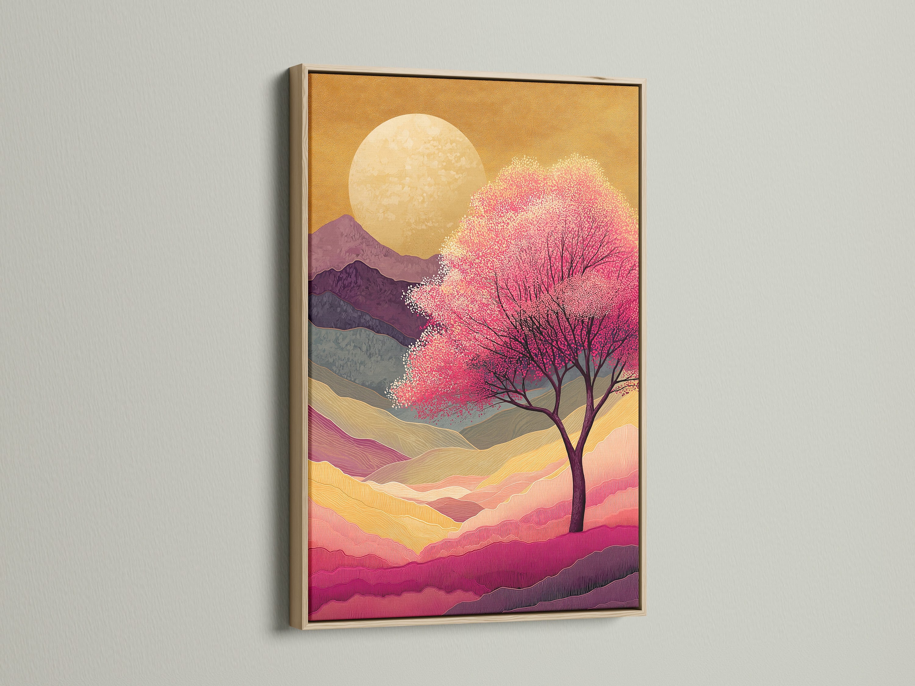 The Japanese Cherry Blossom artwork is showcased in an oak frame. The artwork features a pink sunset mountain landscape. This provides zen wall decor for any bedroom. The art adds a touch of nature and tranquility.