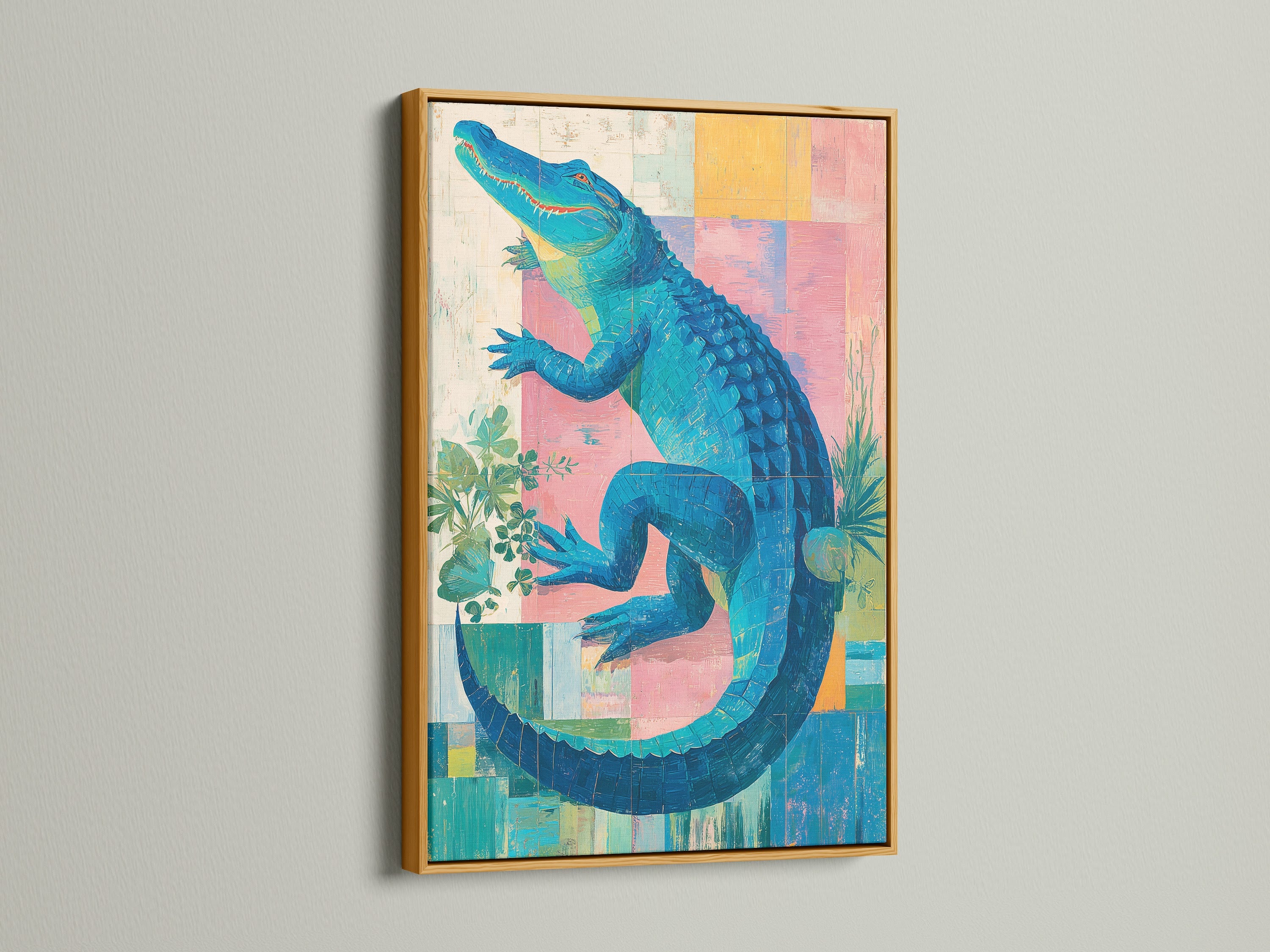 A gold frame enhances the alligator artwork. This tropical wall art radiates warmth and style. The gold frame elevates the artwork's elegance. Perfect for adding a touch of luxury to your decor.