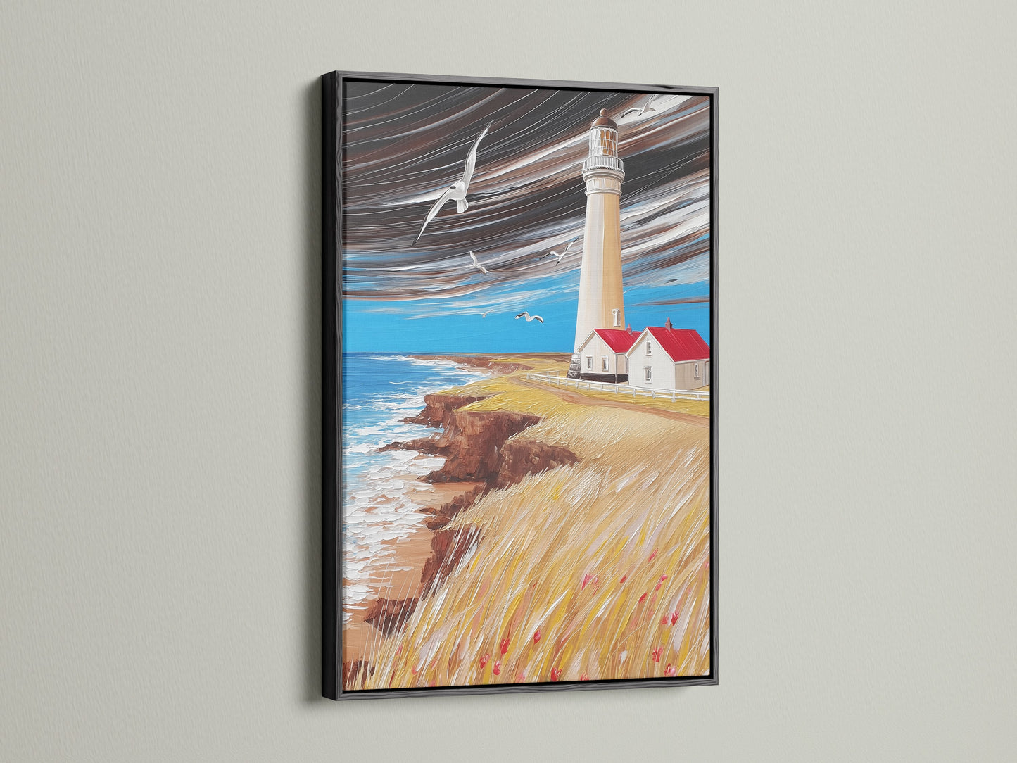 Lighthouse artwork framed in black for a modern touch. Nautical print provides a coastal statement. This seascape wall decor enhances beach house style. Classic ocean view art.