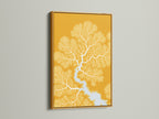 Admire abstract coral artwork with a gold frame. The ochre wall decor adds elegance. This botanical print is perfect for a luxurious touch. A stunning art print for any room. A unique artwork choice for sophisticated decor.