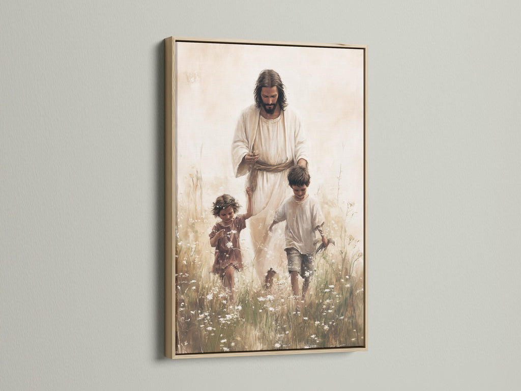 A heartwarming artwork featuring Jesus Christ with children is framed in a natural oak. The oak frame enhances the artwork's warmth. Perfect for adding a touch of faith and beauty to any room. Discover the timeless appeal of oak.