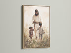 A heartwarming artwork featuring Jesus Christ with children is framed in a natural oak. The oak frame enhances the artwork's warmth. Perfect for adding a touch of faith and beauty to any room. Discover the timeless appeal of oak.