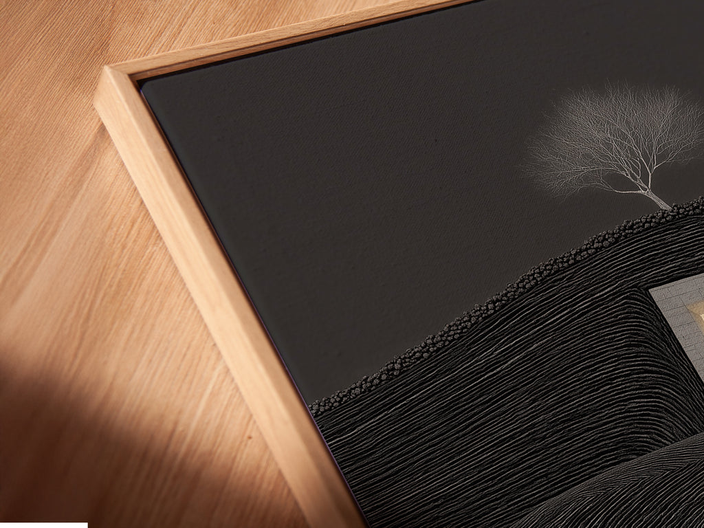 Close-up angled view of canvas print in a floating frame. The minimalist landscape artwork features a surreal path. It's perfect for modern black and white geometric decor. Enhance your bedroom with this zen wall art today.