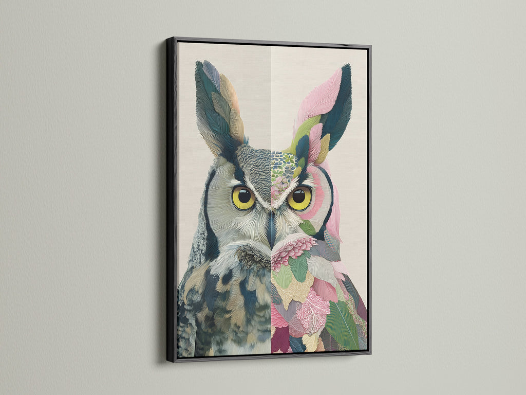 A striking black frame showcases a colorful owl canvas print. This owl wall decor adds a modern touch to any room. The black frame makes the colors pop. Perfect for bird lovers.
