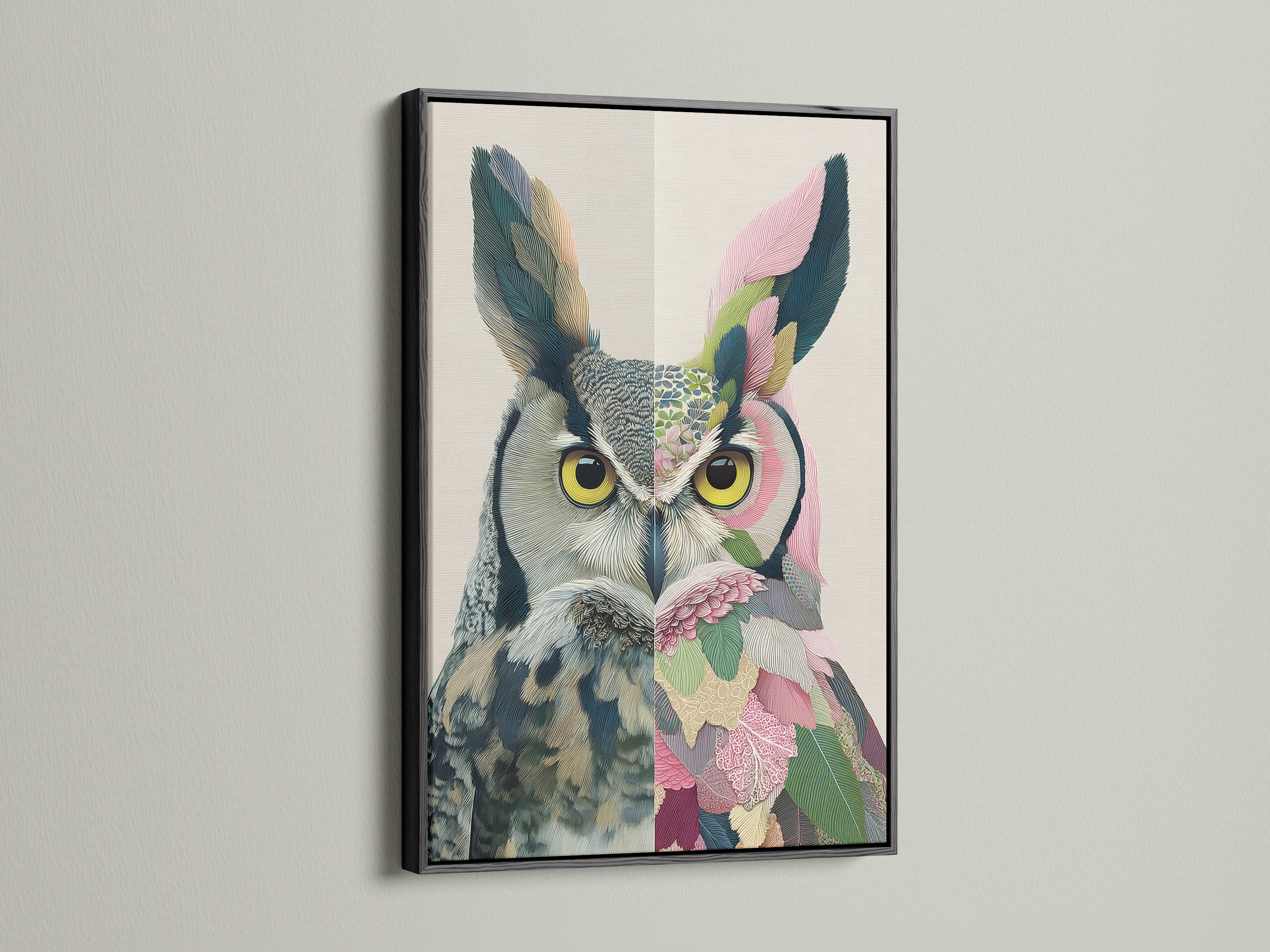 A striking black frame showcases a colorful owl canvas print. This owl wall decor adds a modern touch to any room. The black frame makes the colors pop. Perfect for bird lovers.