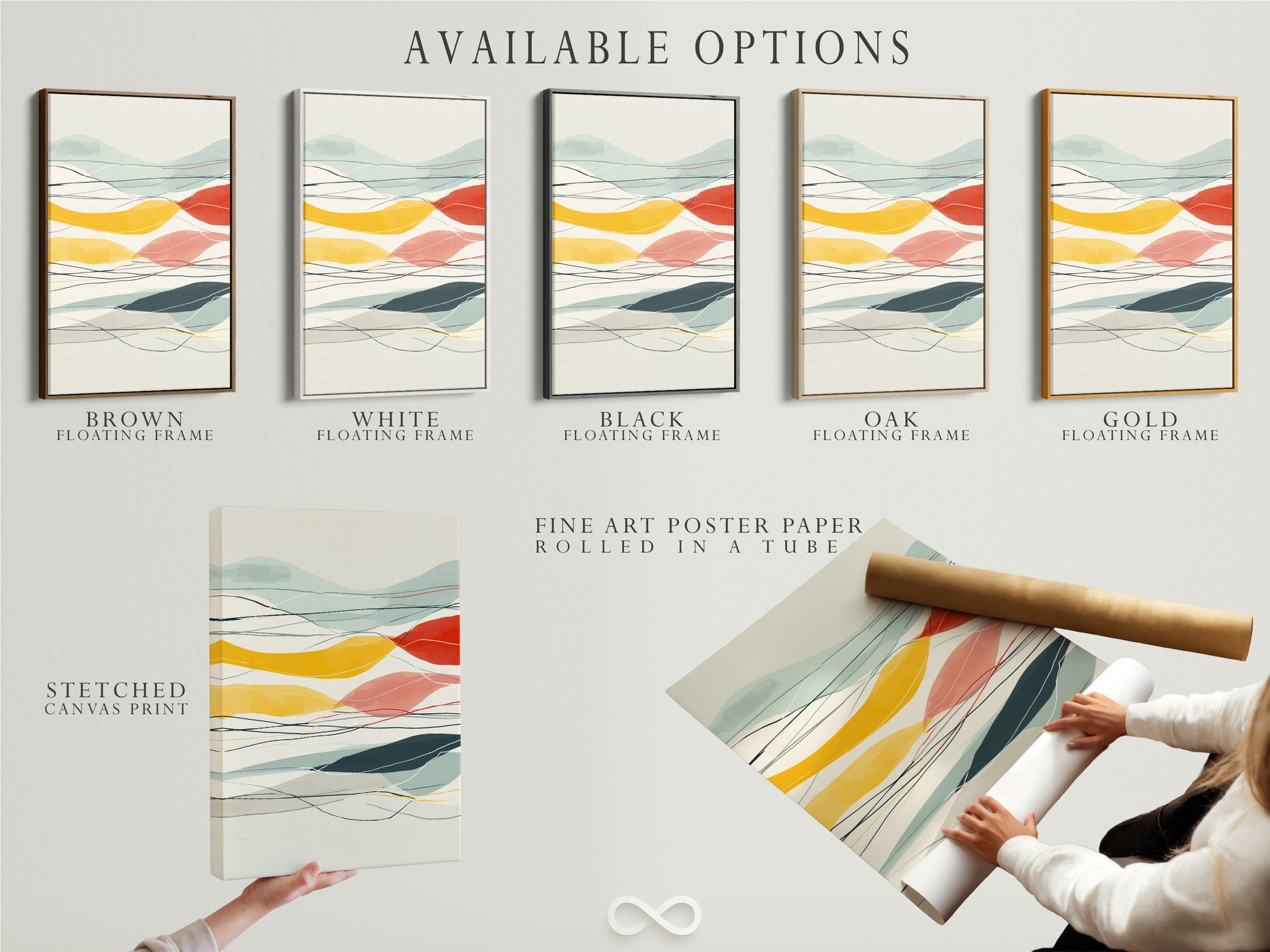 Available options for the Abstract Mountain artwork. Choose between a stretched canvas print a fine art poster paper or a floating frame. It features a colorful landscape. This modern geometric artwork is perfect for office decor. This artwork will complement minimalist aesthetics.