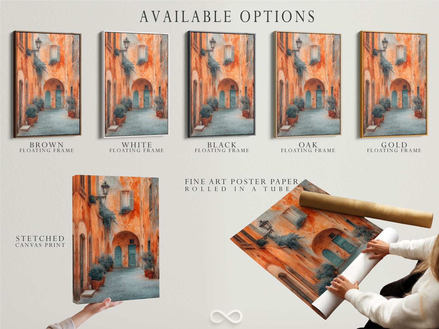 Available options for the Italian Village artwork. Options include a stretched canvas print. Also available is a fine art poster paper. As well as a floating frame. The artwork captures Tuscan architecture. Warm tones evoke travel.