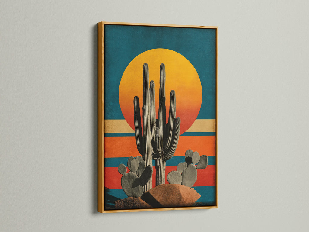 Bring warmth with a gold frame. The Southwestern decor adds a luxurious touch. This sunset art print is perfect for living rooms and lobbies. The artwork embodies the spirit of the desert. It is a timeless and elegant choice.
