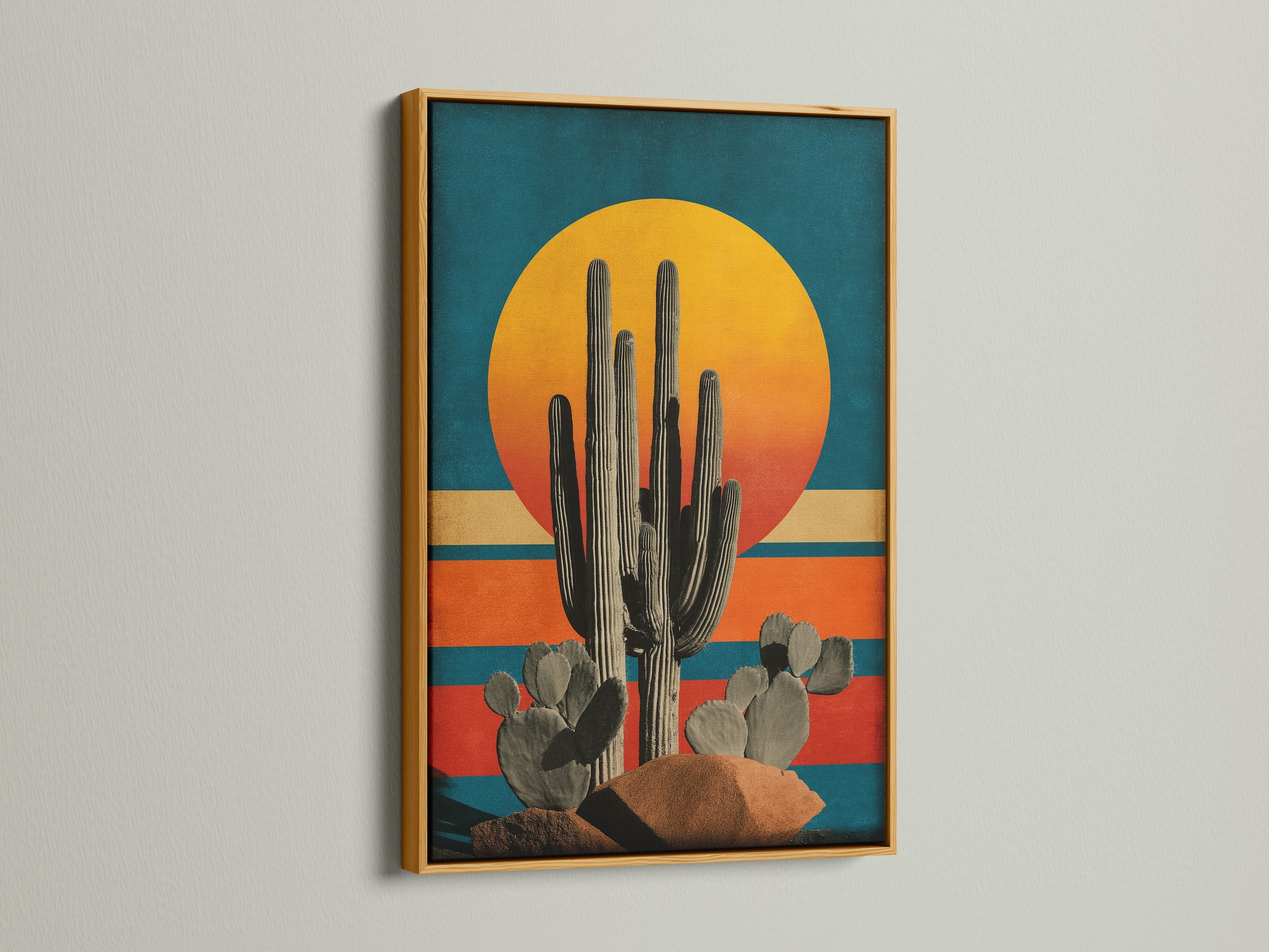 Bring warmth with a gold frame. The Southwestern decor adds a luxurious touch. This sunset art print is perfect for living rooms and lobbies. The artwork embodies the spirit of the desert. It is a timeless and elegant choice.