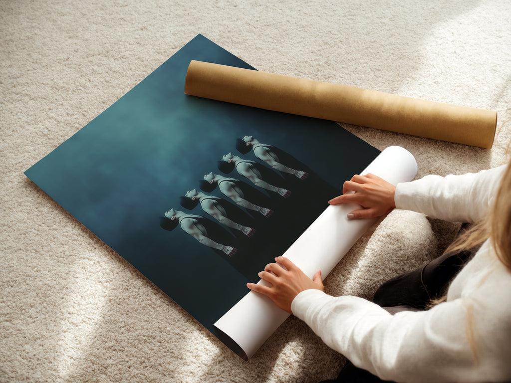 A woman is carefully rolling a fine art poster paper. This highlights the care in handling delicate artwork. The poster features a surreal figures artwork. This ensures the artwork arrives in pristine condition ready for display.
