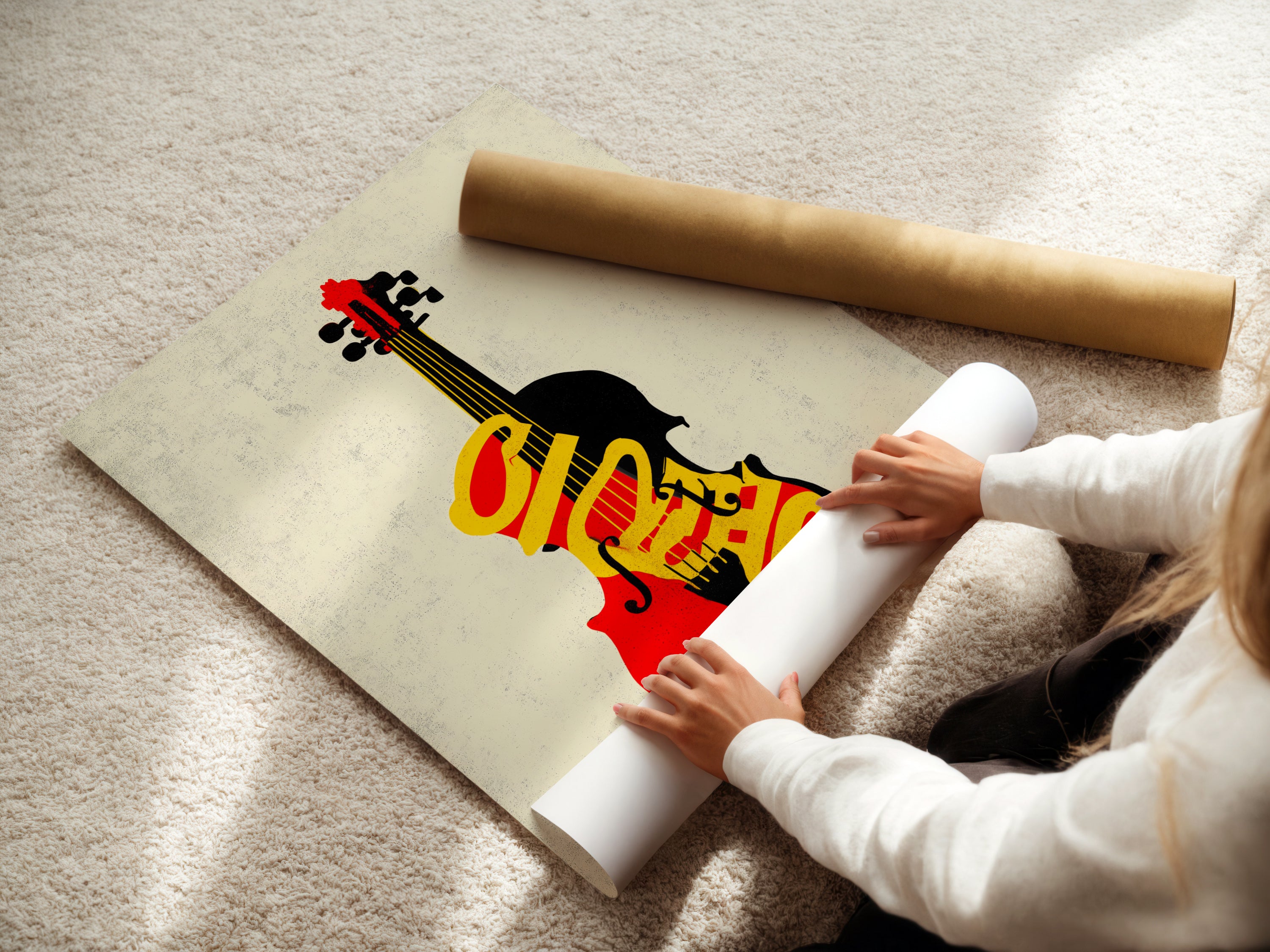See a woman carefully rolling fine art poster paper. The paper will become a stunning violin graffiti print. This image shows the care and precision. It goes into creating high-quality music artwork for your space.