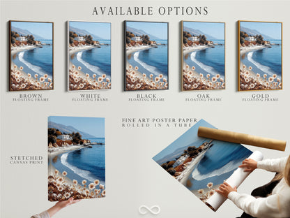 Available options include stretched canvas print fine art poster paper and floating frame. Select the perfect format for your coastal beach artwork. The California seascape will bring a calming ocean view to any room. Choose the option that best fits your style.