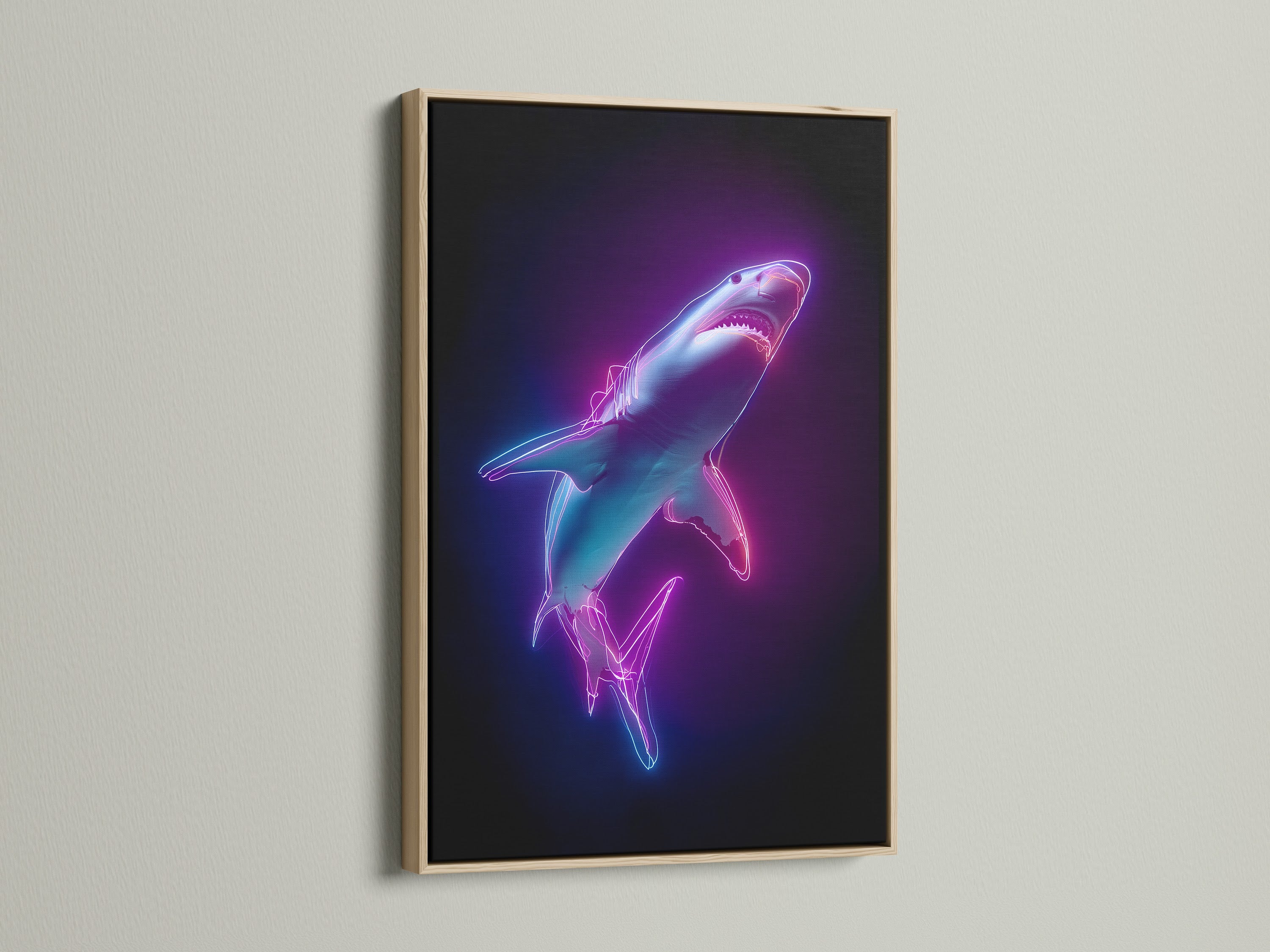 An oak frame holds a striking piece of artwork. The natural wood grain adds warmth. The oak frame enhances the artwork's appeal. This frame style brings a touch of nature indoors. Perfect for adding a rustic touch to any room.