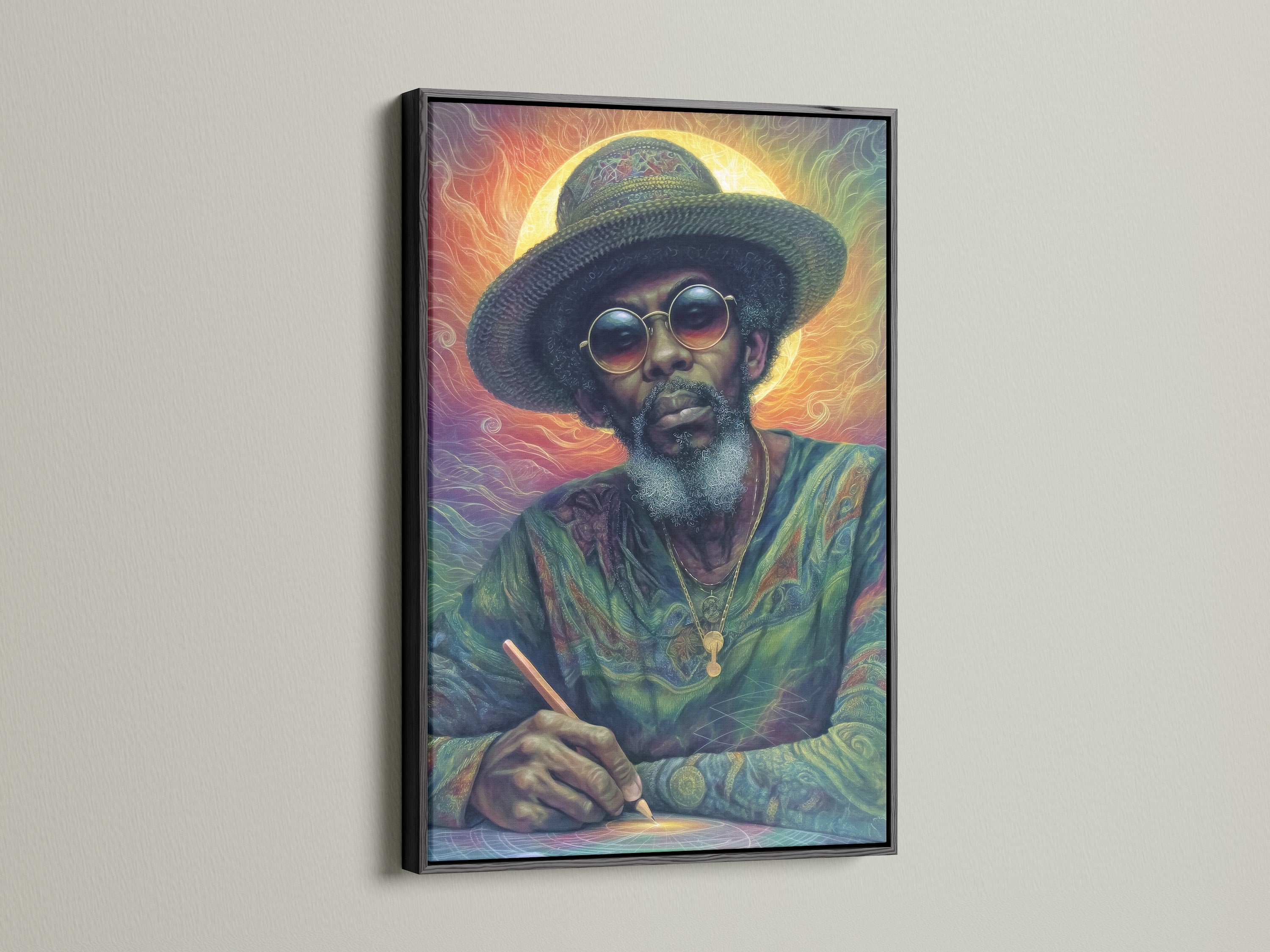 A black frame highlights this psychedelic portrait canvas art. The colorful Rastafarian print stands out. It is perfect for adding a touch of reggae art to your music room. This vibrant canvas artwork brings cultural richness.