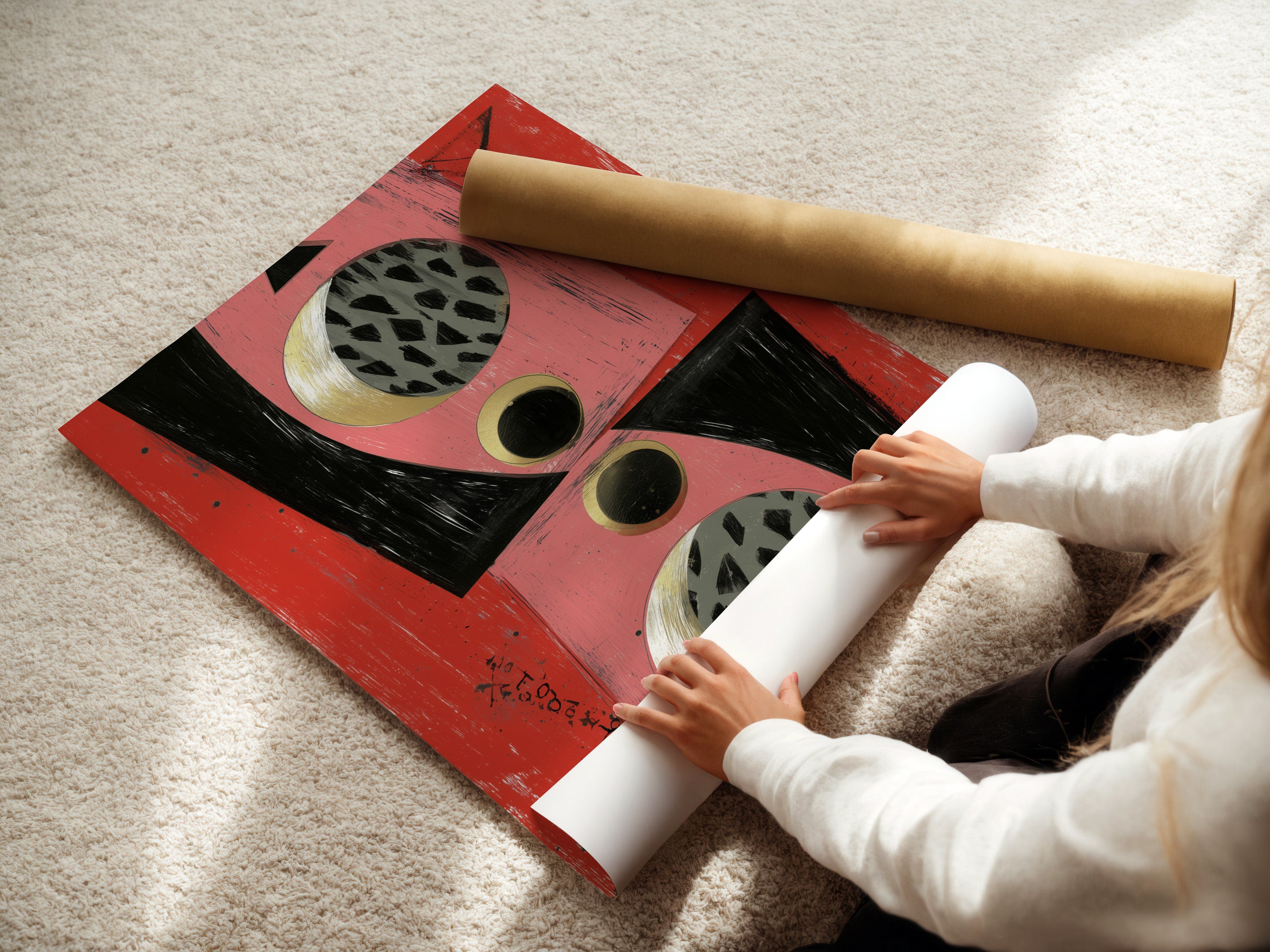 A woman is carefully rolling a fine art poster paper. The paper features an abstract geometric artwork. This piece is designed for modern wall art enthusiasts. It is perfect for adding a touch of contemporary style to any interior. Ideal for homeowners renters and boutique owners seeking elevated artwork