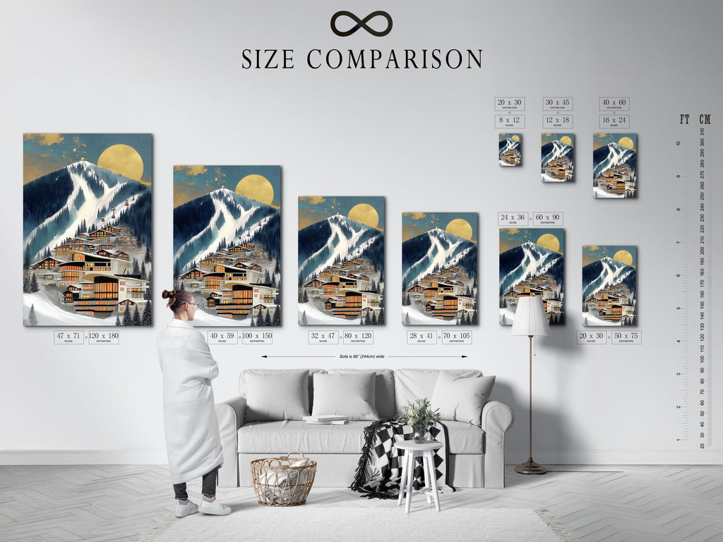 A size comparison chart is shown in an interior setting. It displays various sizes of the Alpine Village artwork. This helps you visualize the perfect fit for your space. It is suitable for living room wall art.