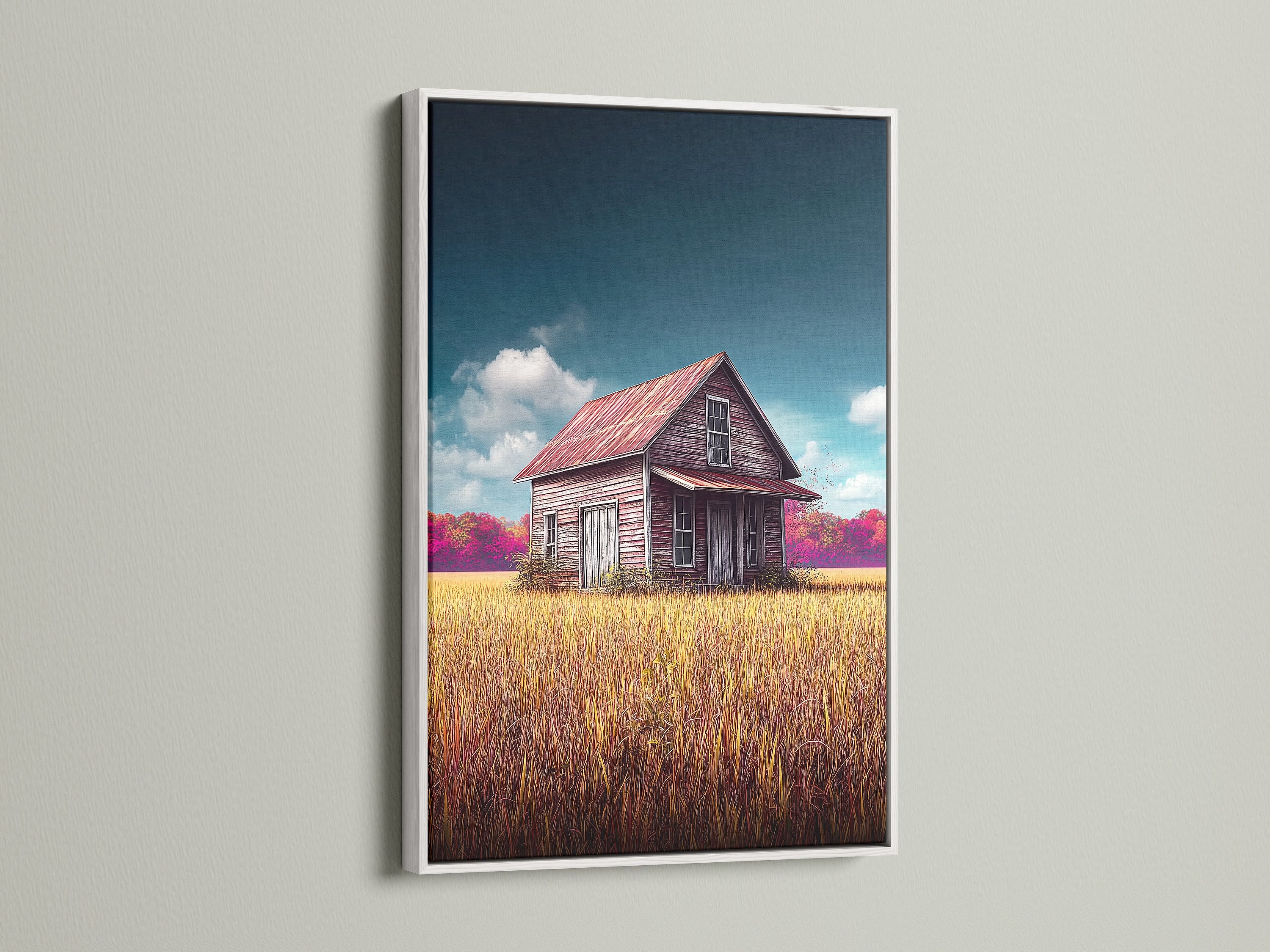Add a touch of elegance to your home with this farmhouse artwork. The white frame enhances the vintage country landscape of the barn canvas print. This rustic wall art brings a fresh and clean aesthetic to any space. Its perfect for creating a serene atmosphere.