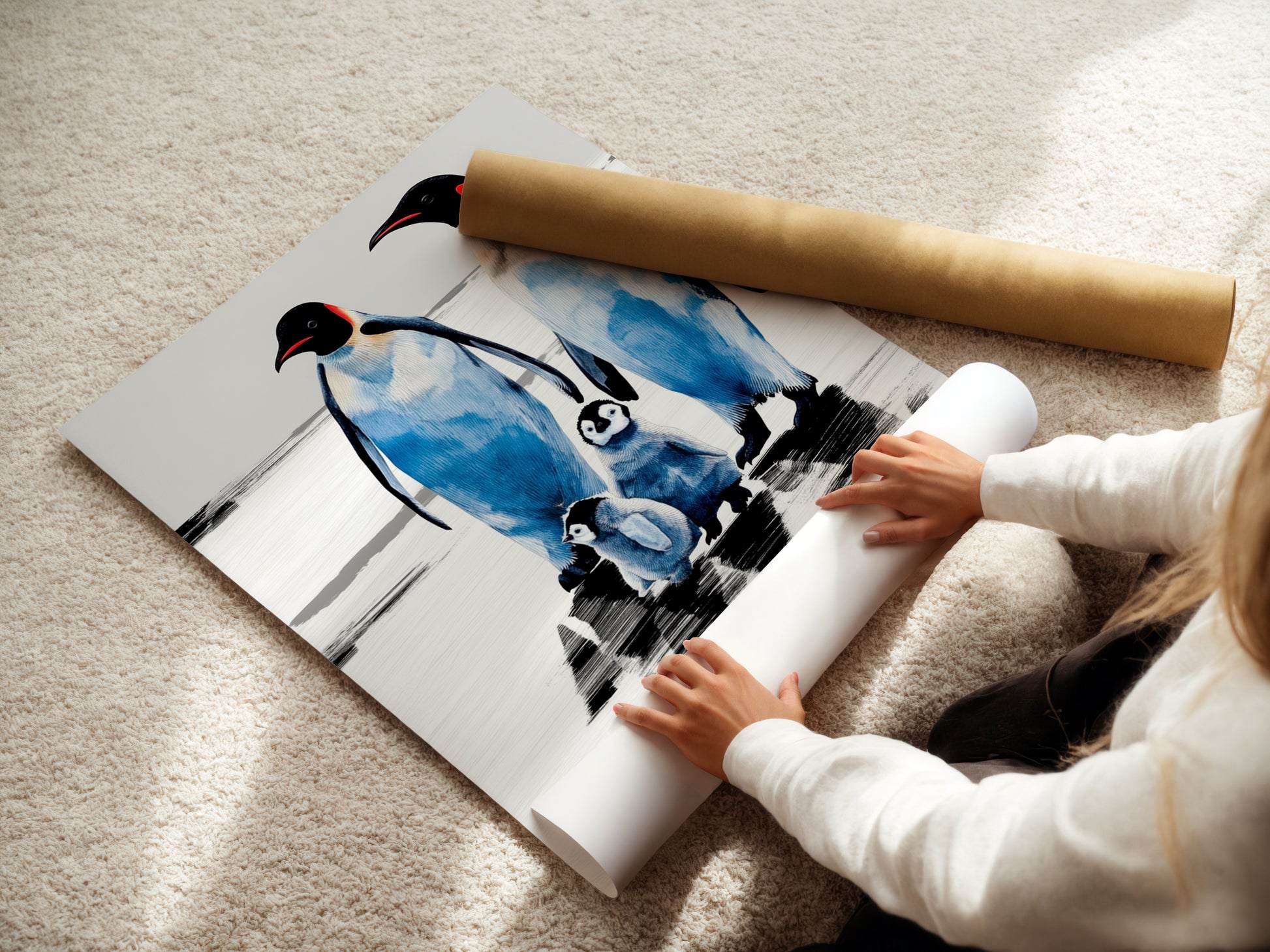 A woman rolls a fine art poster paper featuring a penguin family. Ideal for homeowners renters and parents seeking serene nursery decor or distinctive wall art. Perfect for living rooms bedrooms nurseries and children's rooms.