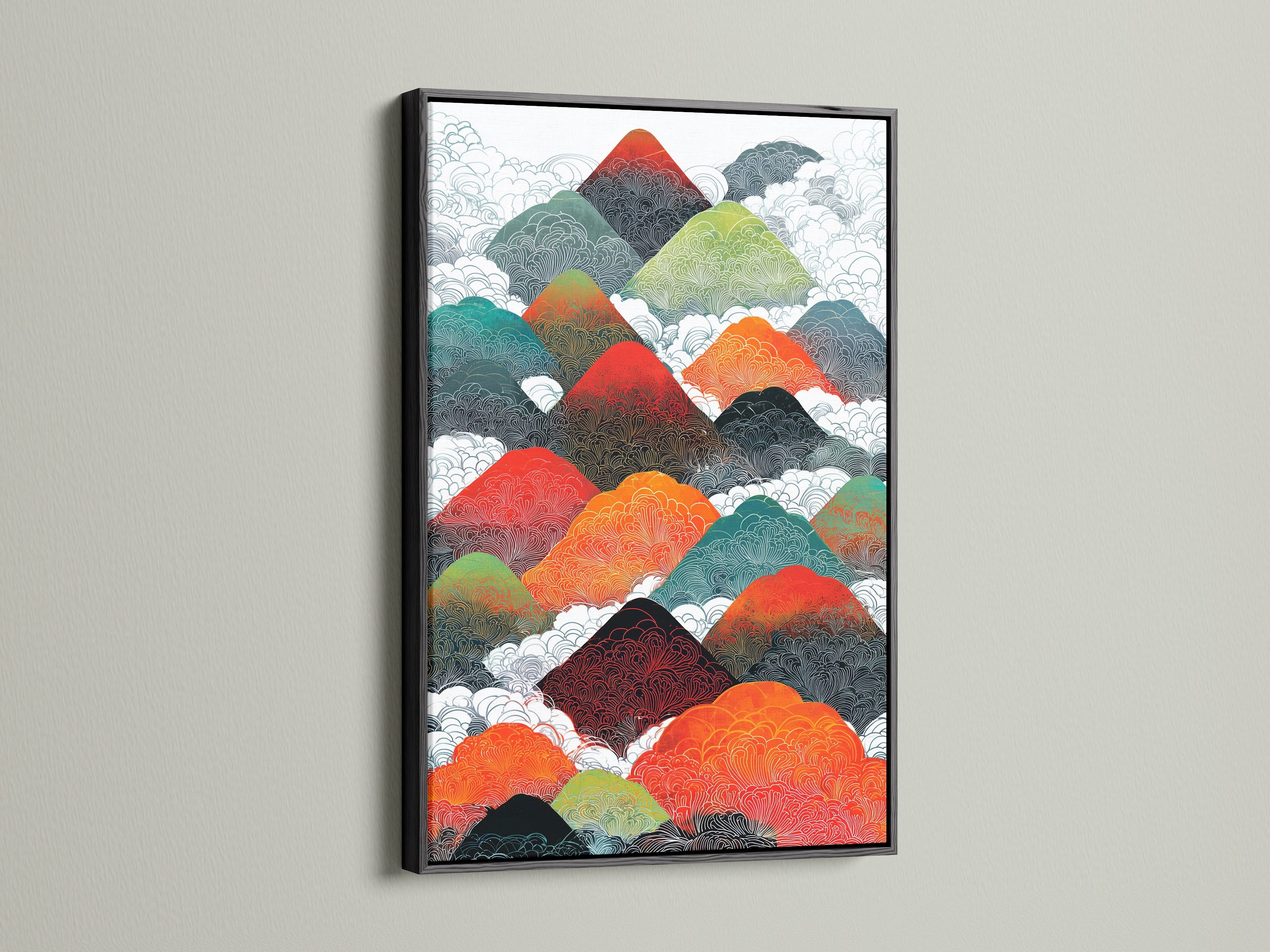 View the mountain range artwork in a sleek black frame. This geometric canvas creates a bold statement. Perfect for modern decor this abstract print enhances any room. Add colorful wall art to your living space.