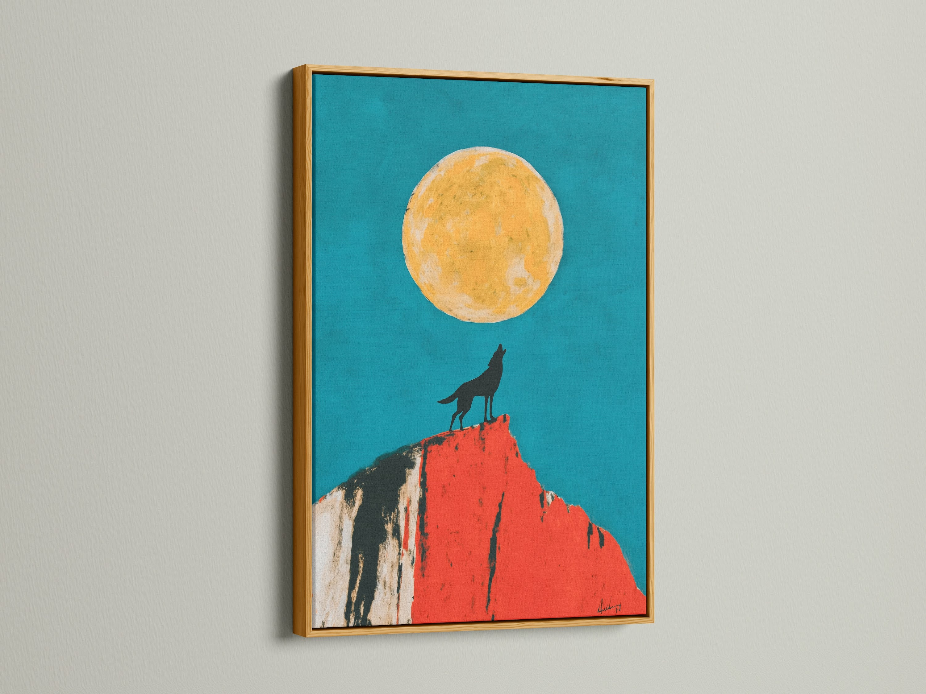 Wolf Moon artwork is elegantly displayed in a gold frame. This southwestern desert wall art exudes luxury. The teal and orange tones are enhanced by the gold. Elevate your home decor with this refined piece. It is a stunning addition to any art collection.