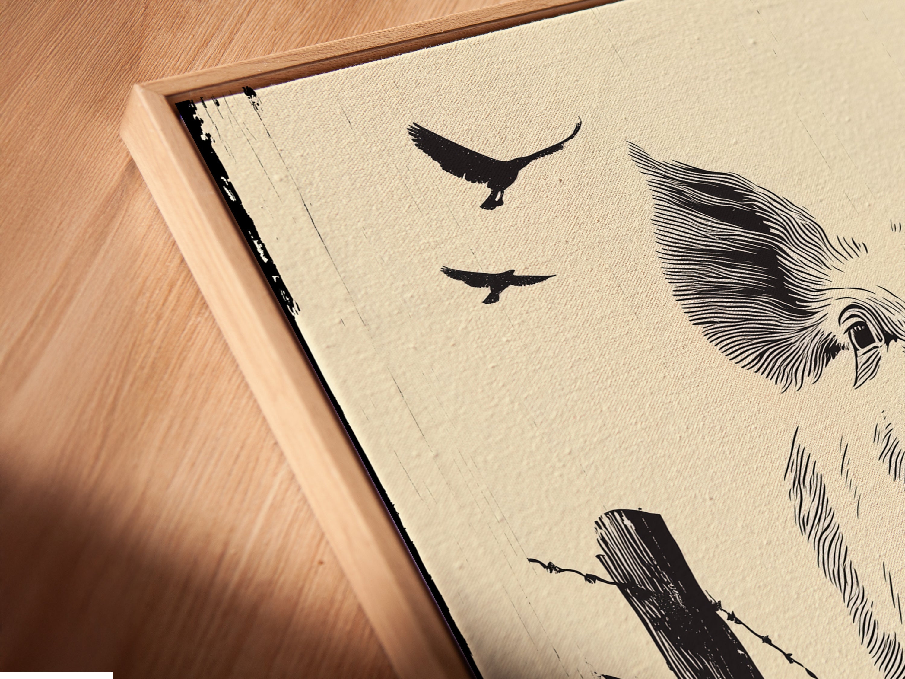 Angled close up of a canvas print in a floating frame. The pig wall art brings country home decor. The rustic kitchen art enhances any space. A farmhouse artwork piglet poster is a great addition.