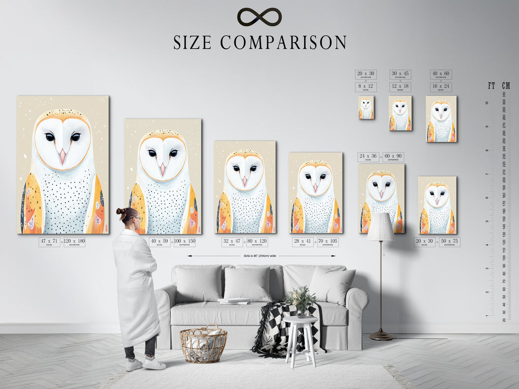 Size comparison chart in interior setting. Visualize how the owl artwork fits in your space. This chart helps you choose the perfect size for your bird canvas. It is ideal for nursery wall art and scandi decor planning.